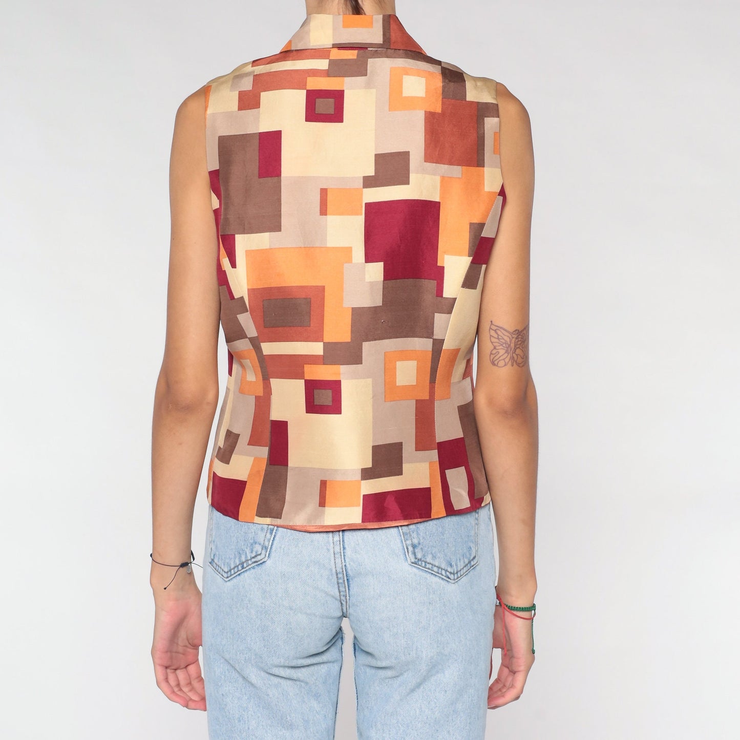 Y2K Silk Tank Top Geometric Square Print Brown Orange Medium M