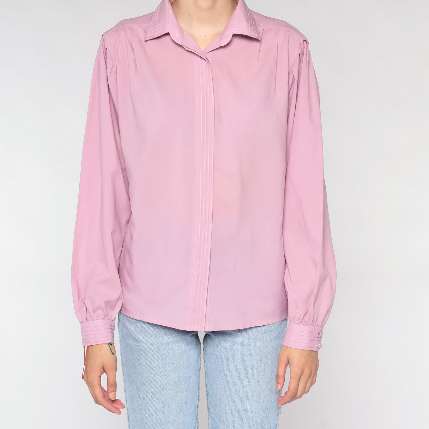 Y2K Pink Blouse Hidden Button Balloon Sleeve Collared Shirt Large L