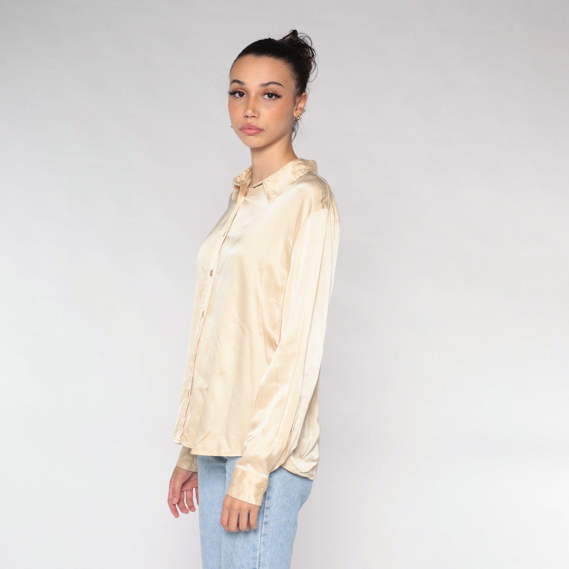 00s Gap Champagne Silk Button-Up Blouse Long Sleeve Collared Shirt Large L