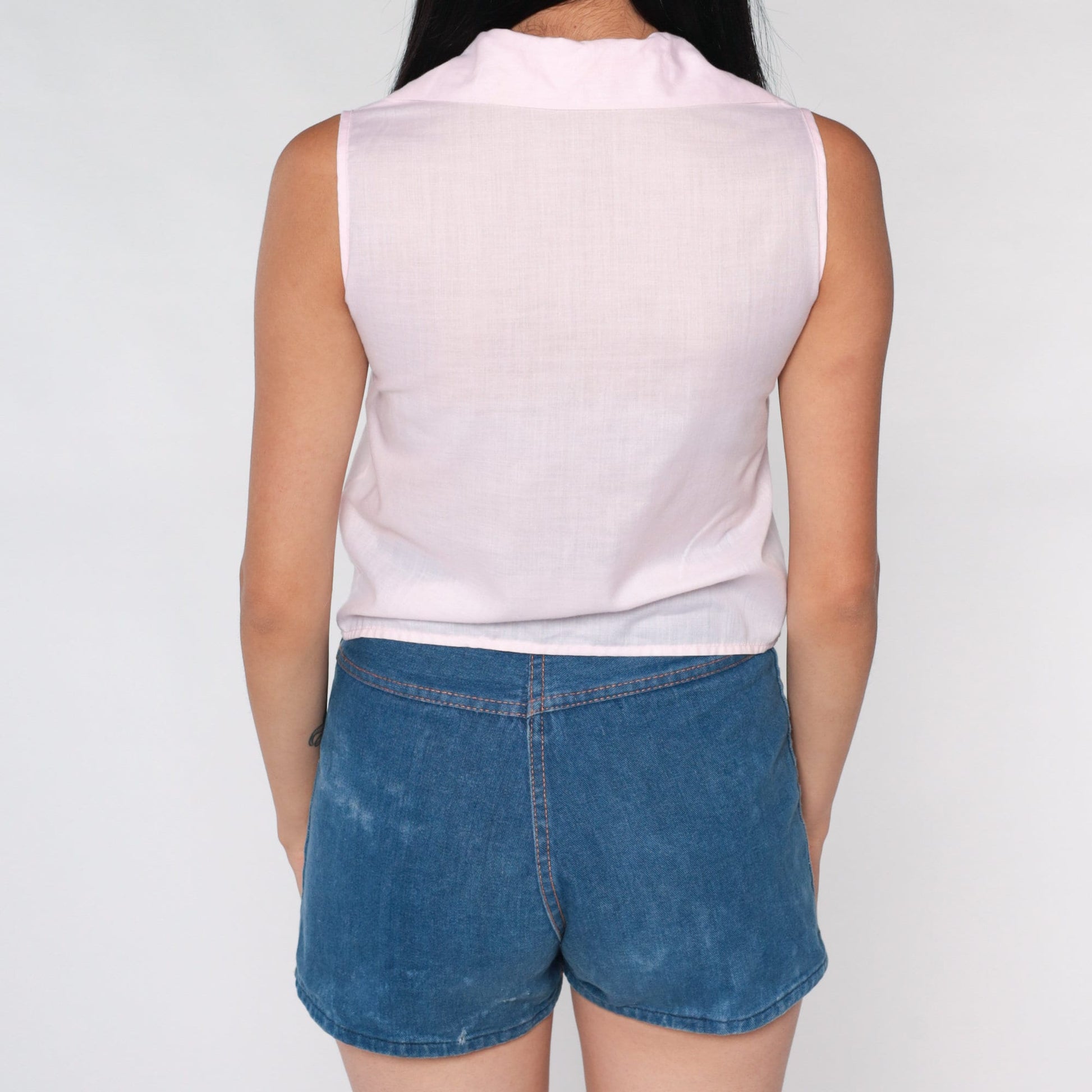 70s Baby Pink Tank Top Button-Up Blouse Dagger Collar Sleeveless XXS