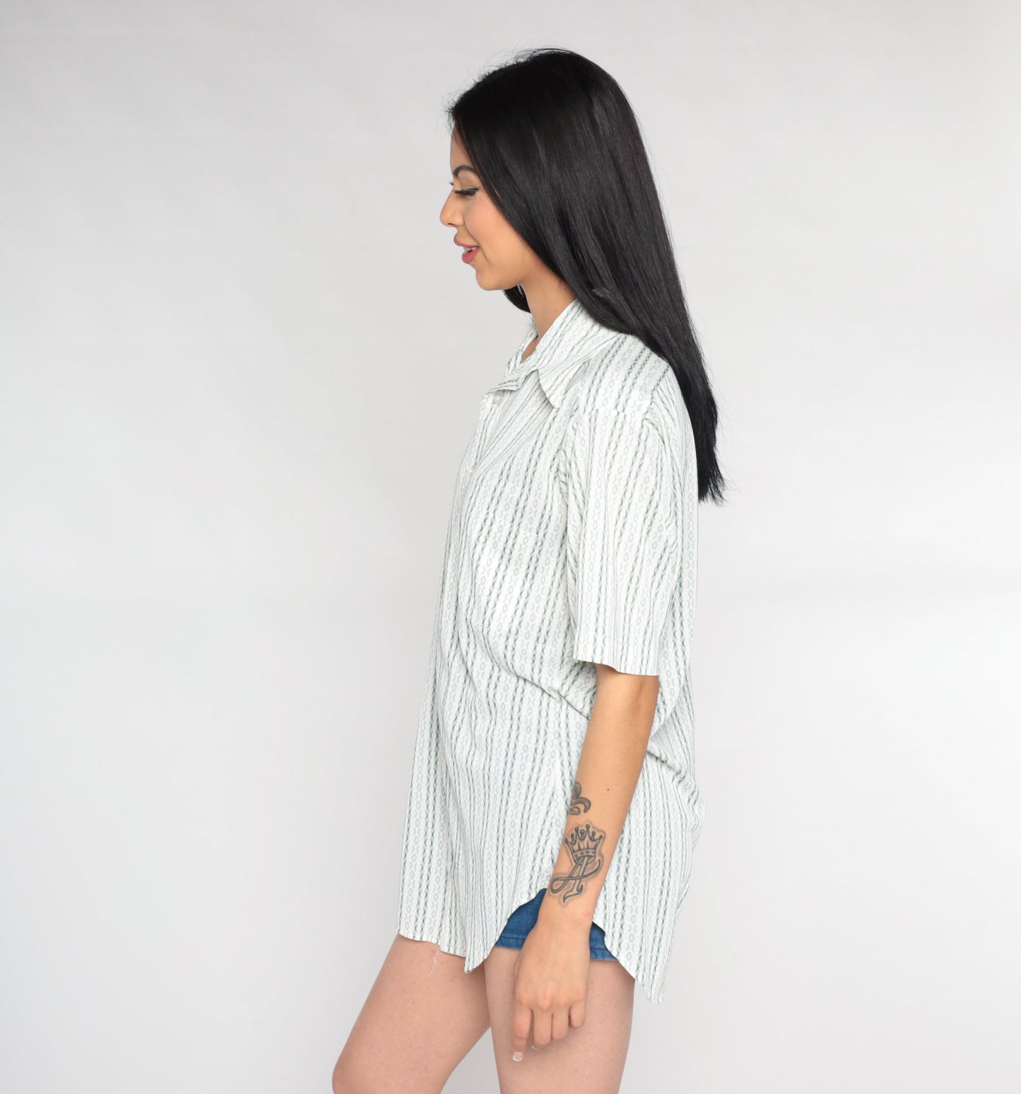 70s Sears White Striped Oxford Button-Up Shirt Green Blue Short Sleeve Medium