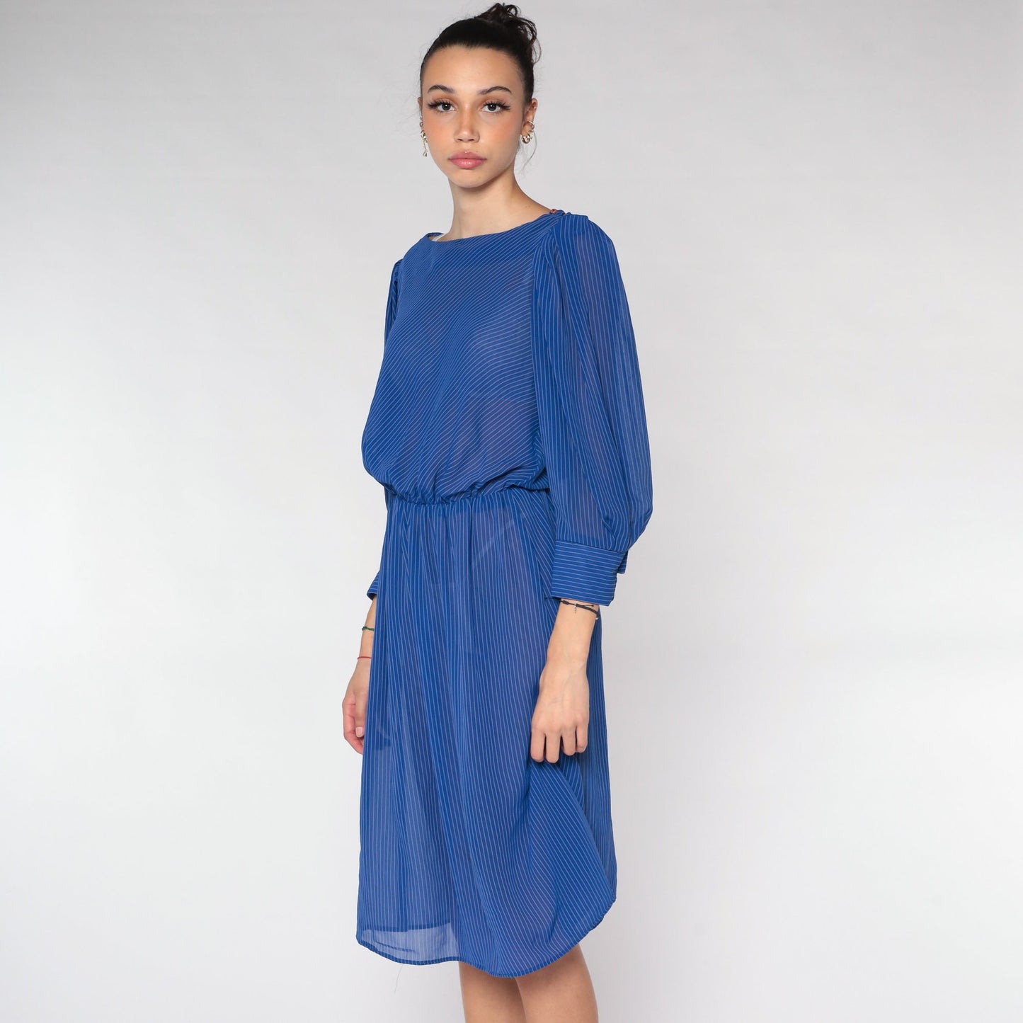 70s Striped Midi Dress Blue Sheer Puff Sleeve High Waist Small Medium
