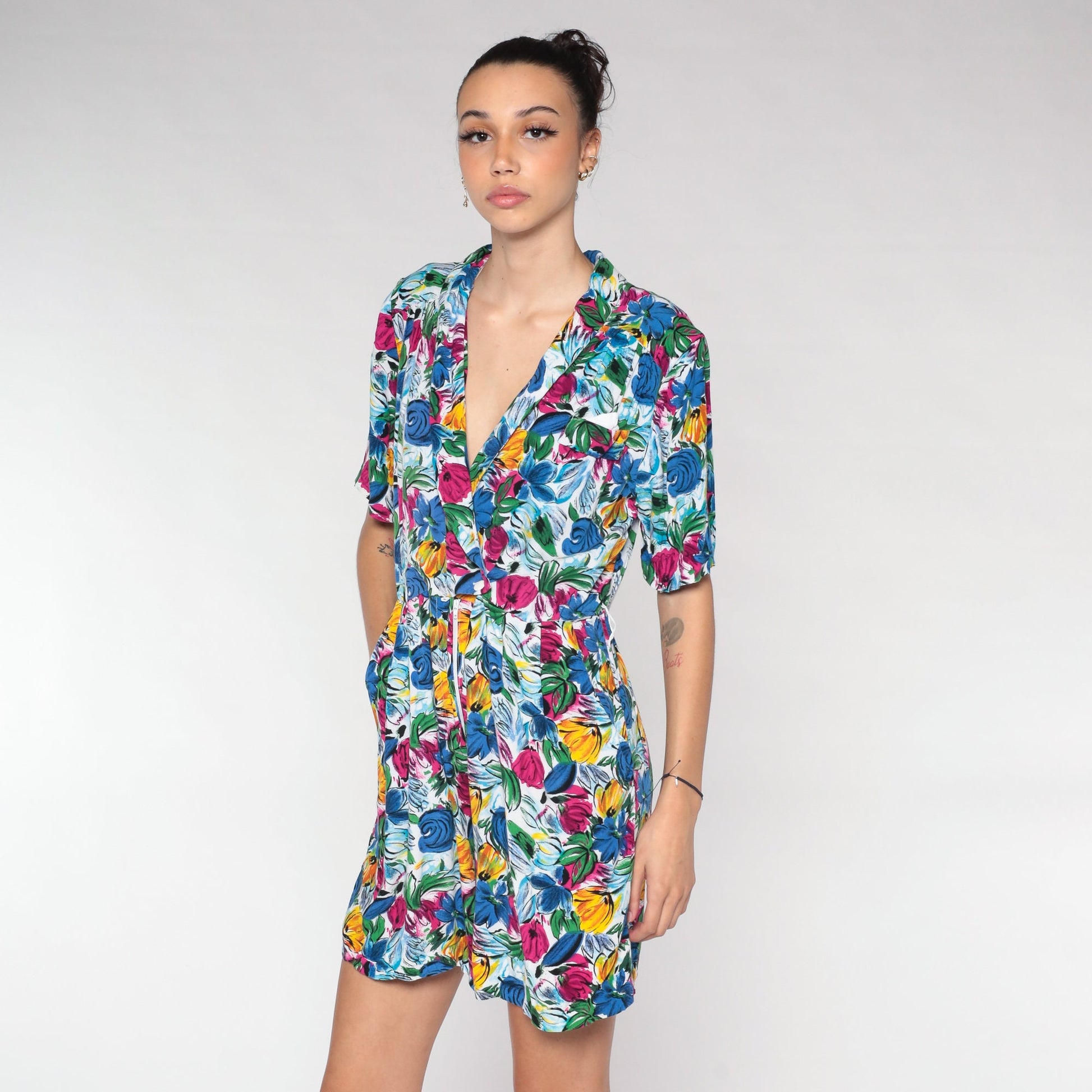 90s Blue Floral Rayon Romper Mini Playsuit V Neck Button Up Medium M