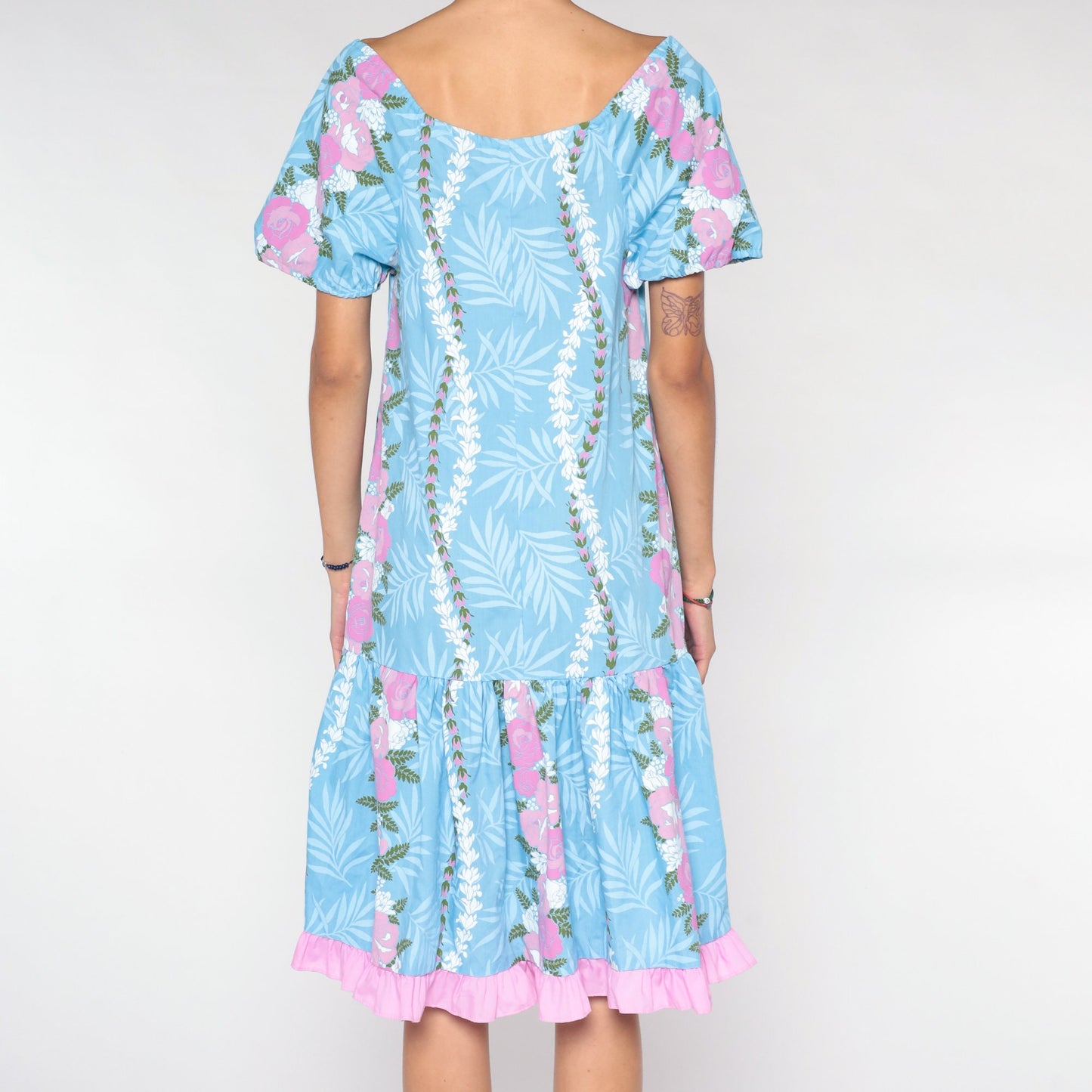 90s Blue Floral Midi Dress Pink Flower Fern Print Tent Cut Short Sleeve Extra Small
