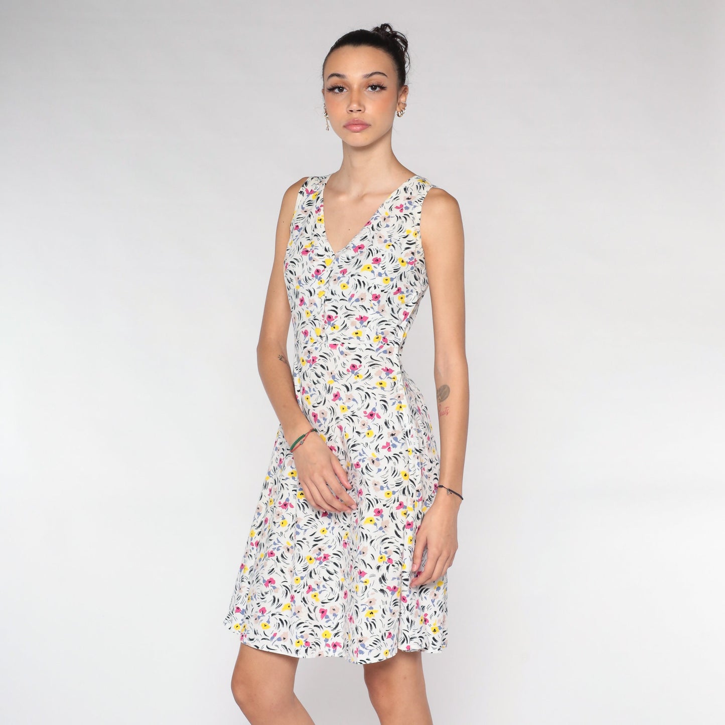 70s White Floral Mini Dress Sleeveless Button-Up A-Line V-Neck Extra Small