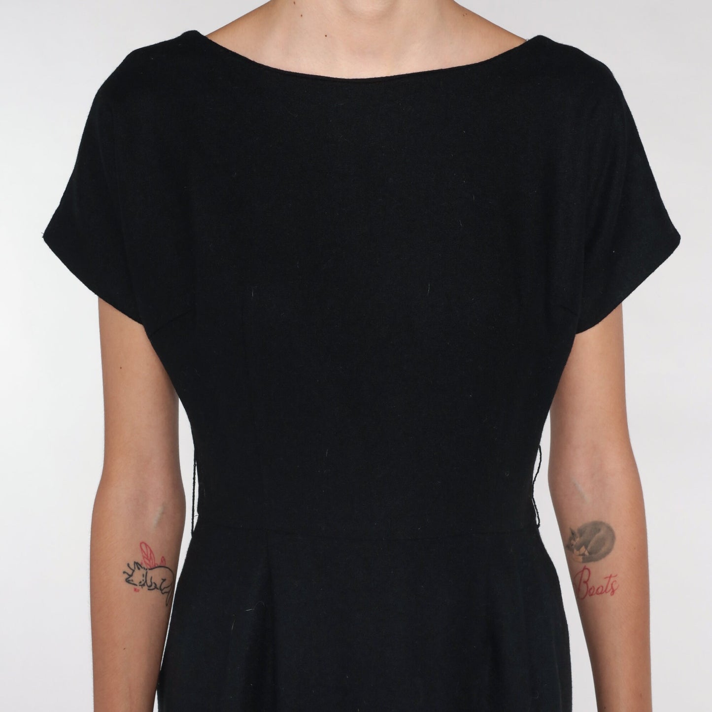 Black Wool Midi Shift Dress Cap Sleeve Embroidered 00s Small