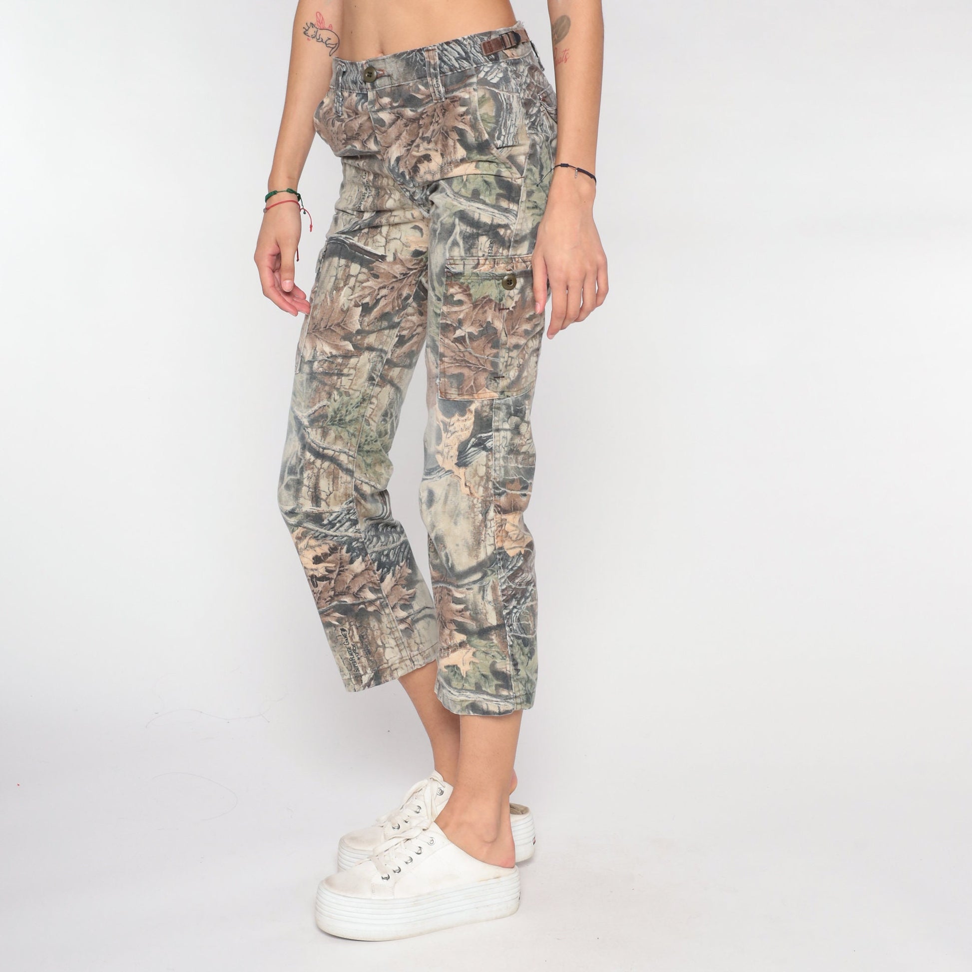 90s Camo Leaf Print Cropped Trousers Skinny Ankle Brown Extra Small