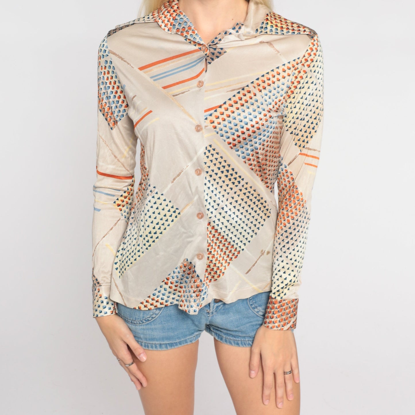 70s Abstract Dot Stripe Button Up Blouse Dagger Collar Beige Blue Orange Extra Small