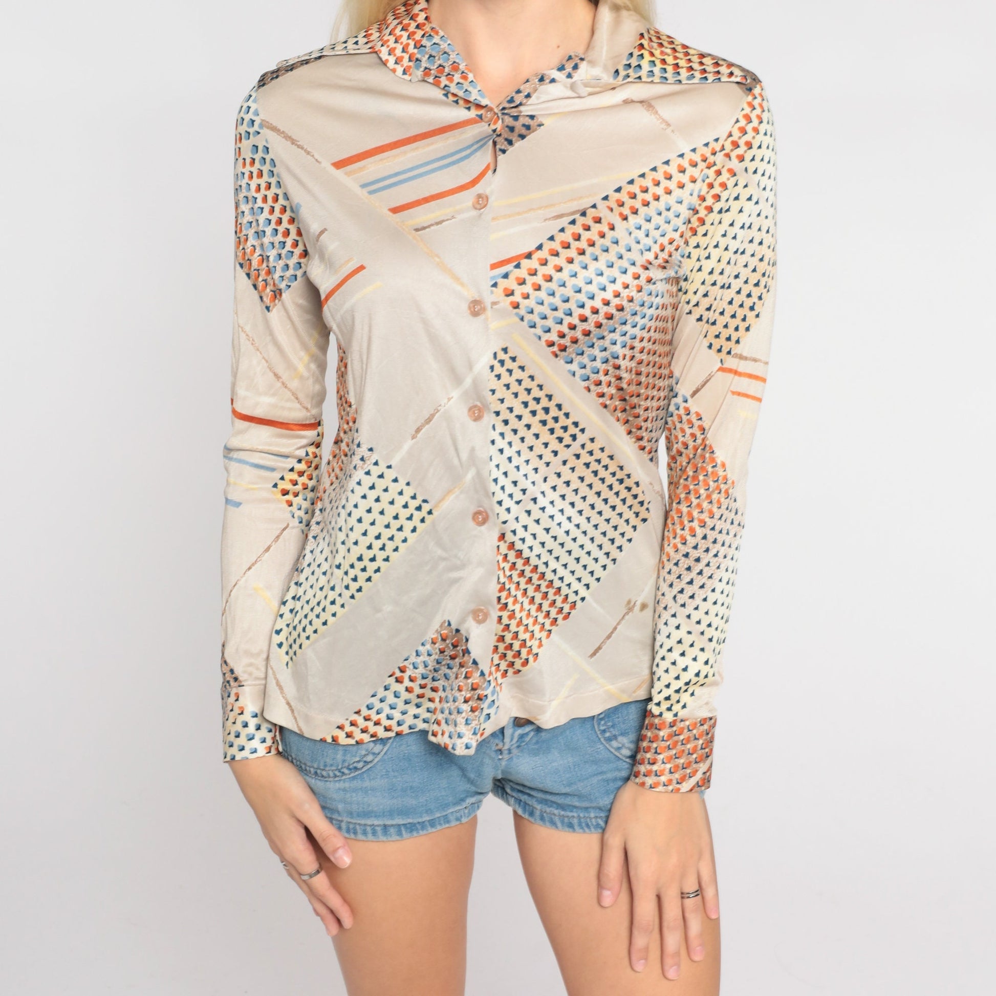 70s Abstract Dot Stripe Button Up Blouse Dagger Collar Beige Blue Orange Extra Small