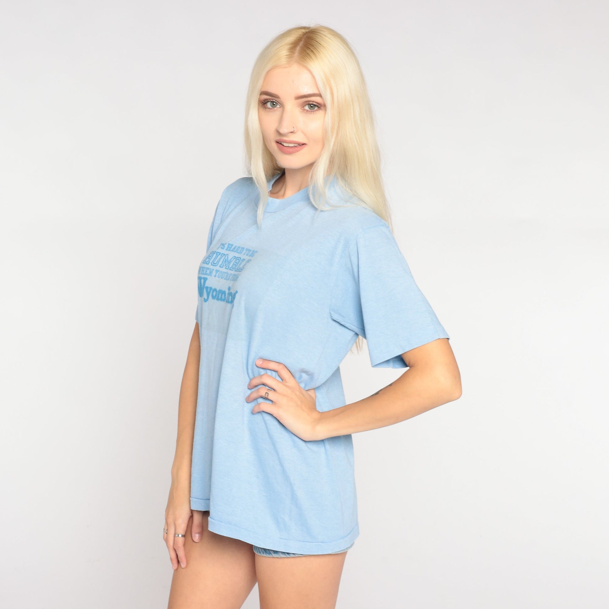 80s Wyoming Graphic T-Shirt Baby Blue Single Stitch Tee Large L