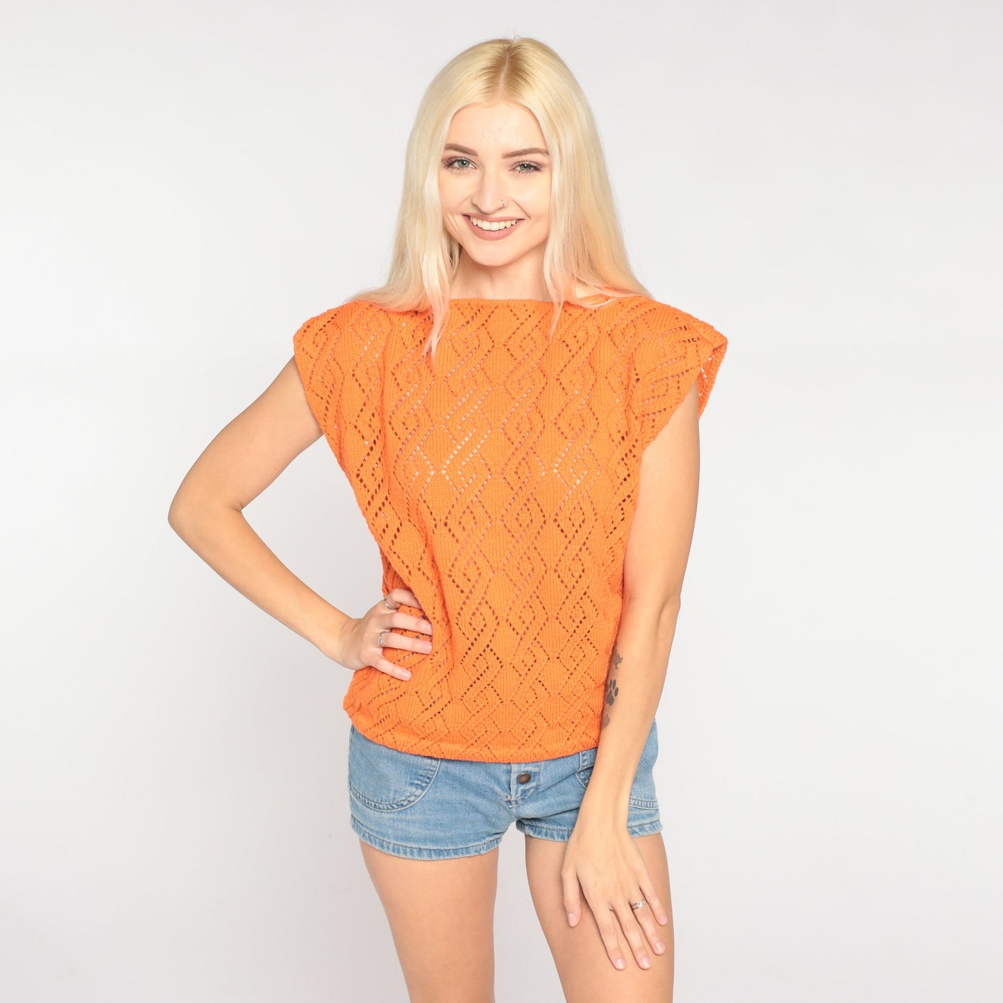 70s Orange Pointelle Knit Top Cap Sleeve Cutout Blouse Medium M