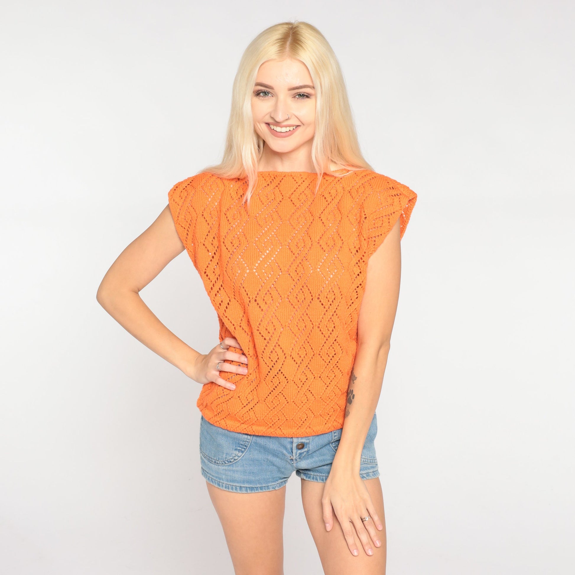 70s Orange Pointelle Knit Top Cap Sleeve Cutout Blouse Medium M
