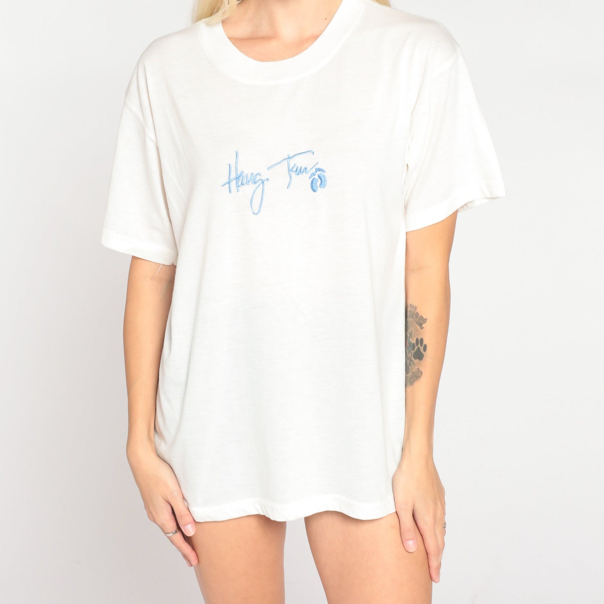 90s Hang Ten Embroidered Logo T-Shirt White Baby Blue Single Stitch Medium Large