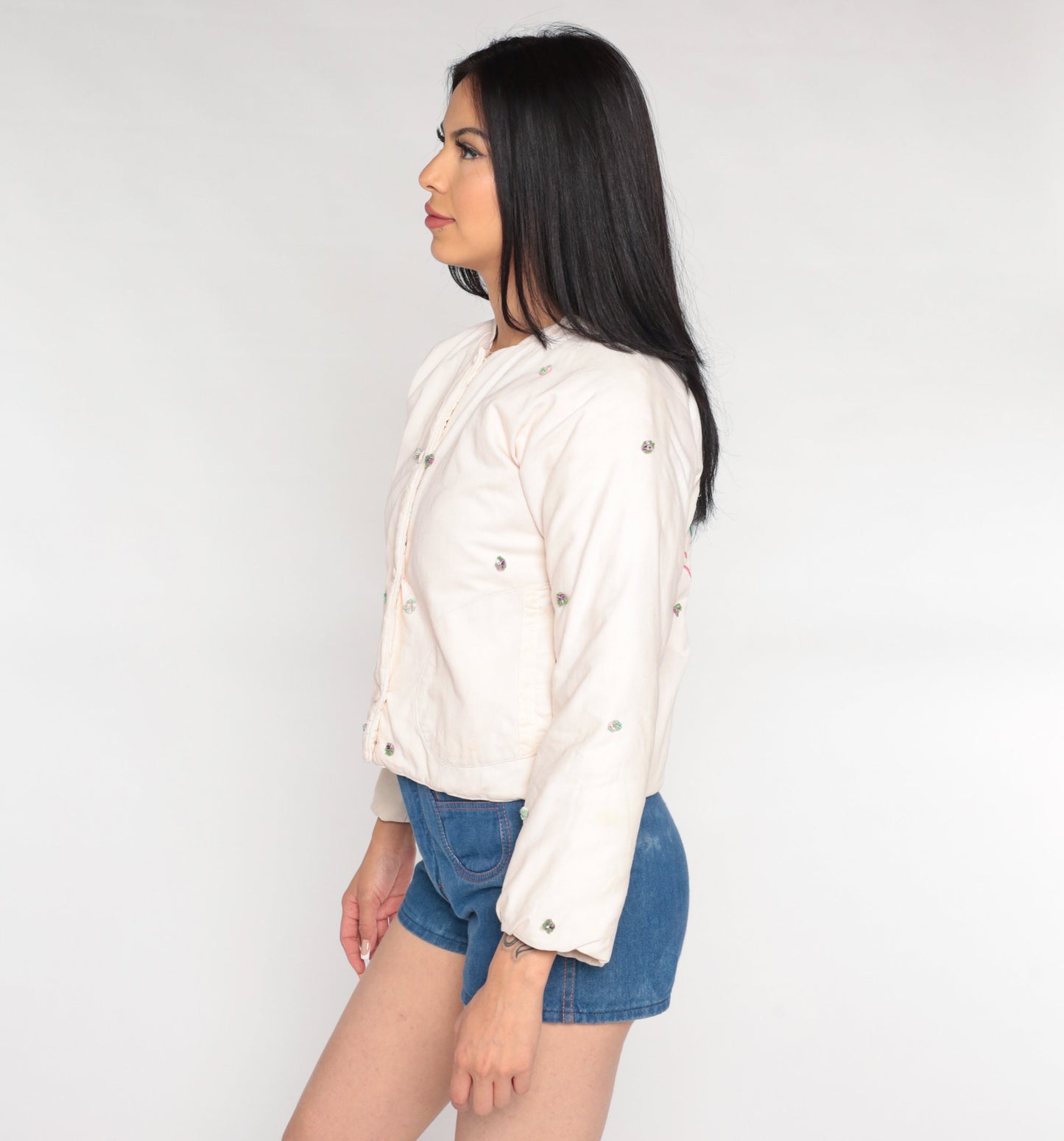 80s Quilted Floral Appliqué Cropped Jacket Off-White Mandarin Collar Extra Small