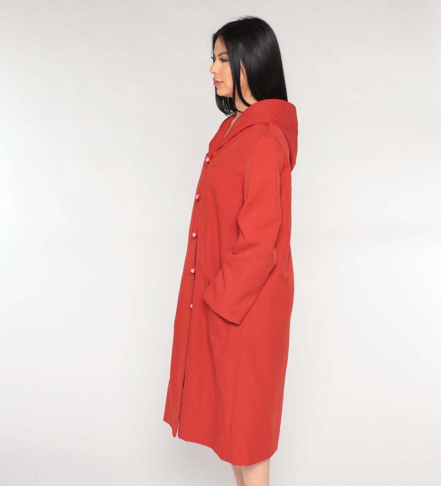 70s Rust Red Hooded Jacket Toggle Button Long Coat Medium