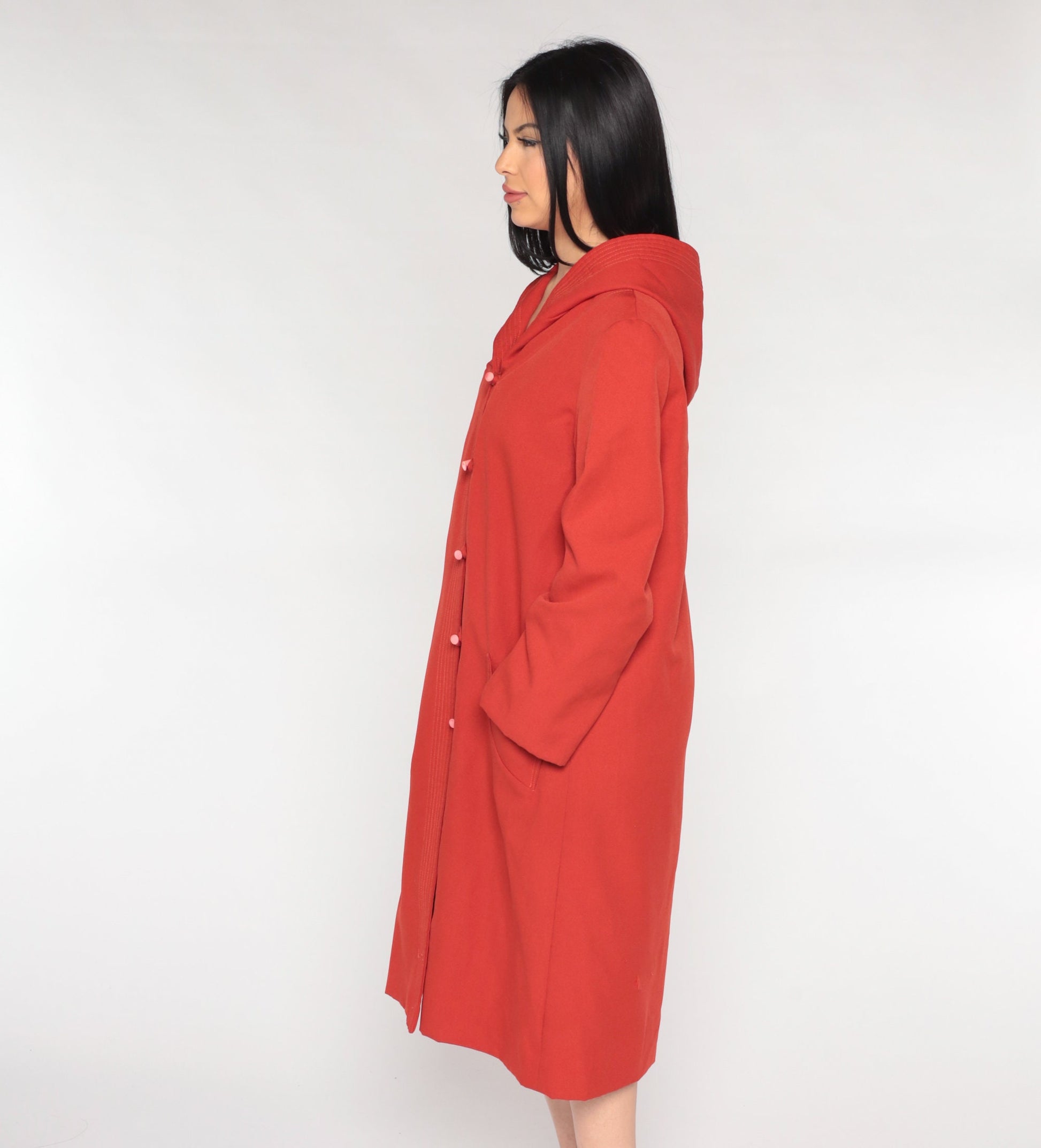 70s Rust Red Hooded Jacket Toggle Button Long Coat Medium