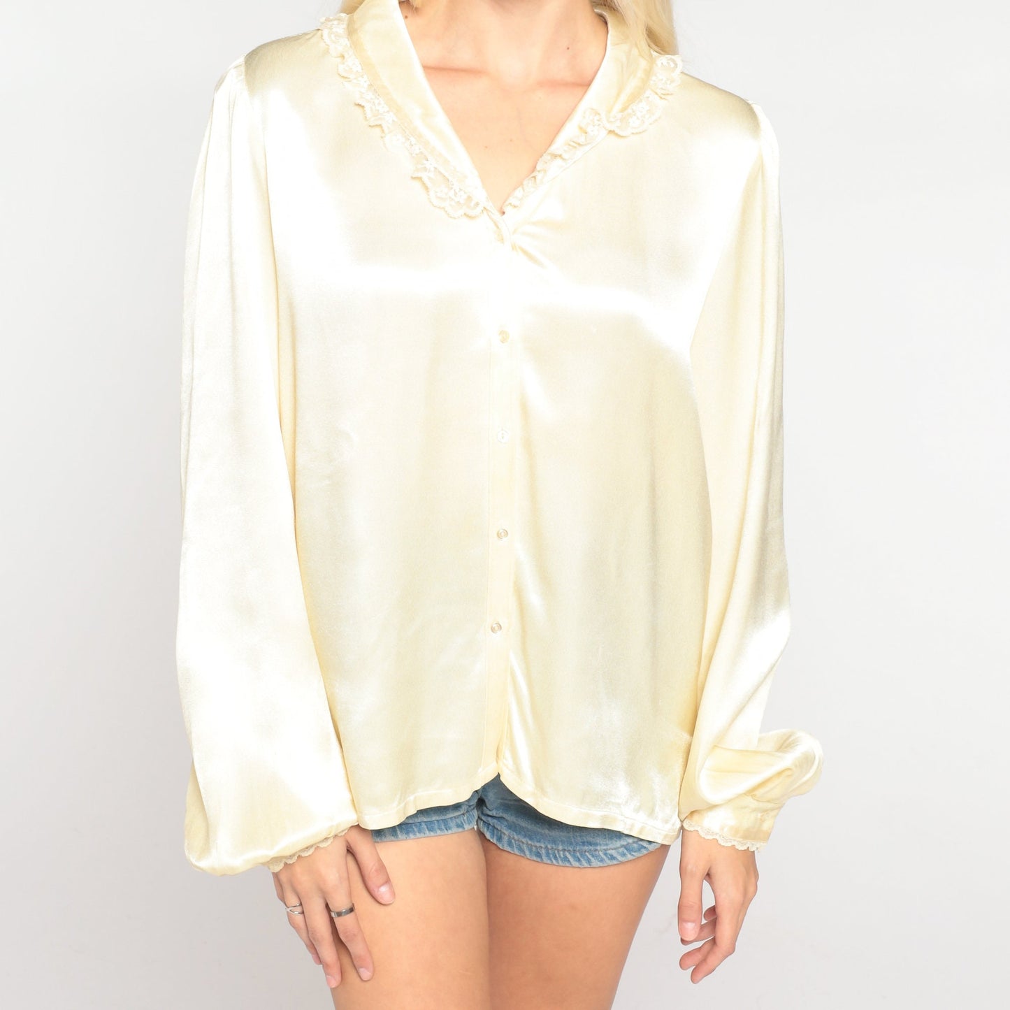 70s Jessica's Gunnies Cream Satin Blouse Puff Sleeve Floral Embroidery Medium