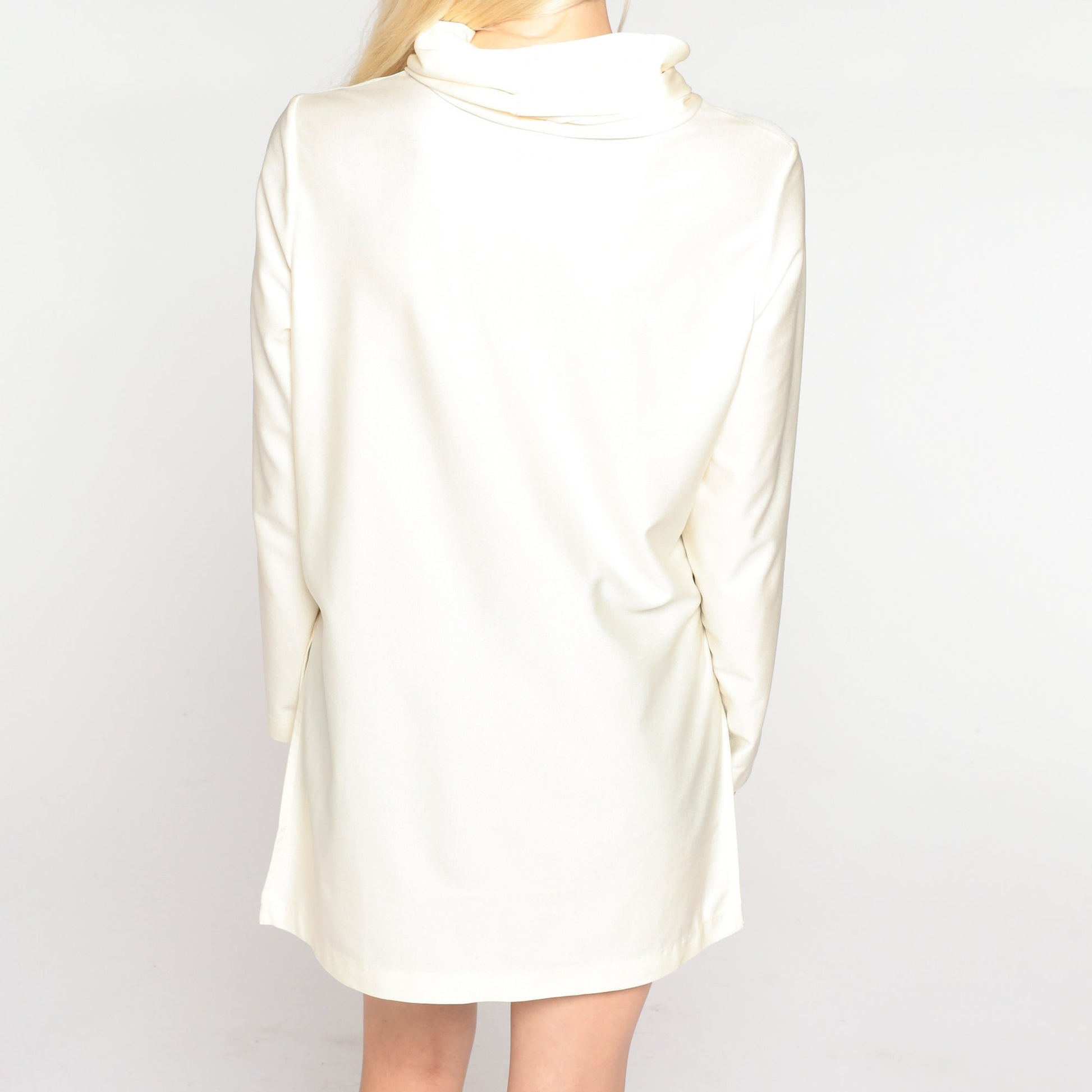 70s Off-White Turtleneck Tunic Long Sleeve Side Slit Blouse Medium M