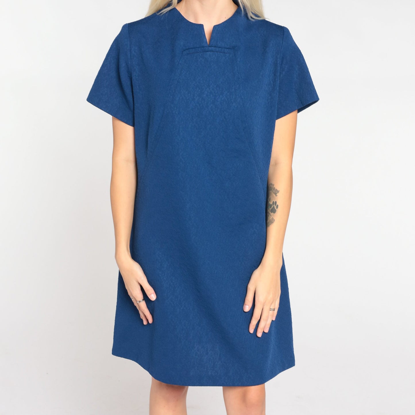 60s Navy Shift Dress Floral Embossed Mini Short Sleeve Large L