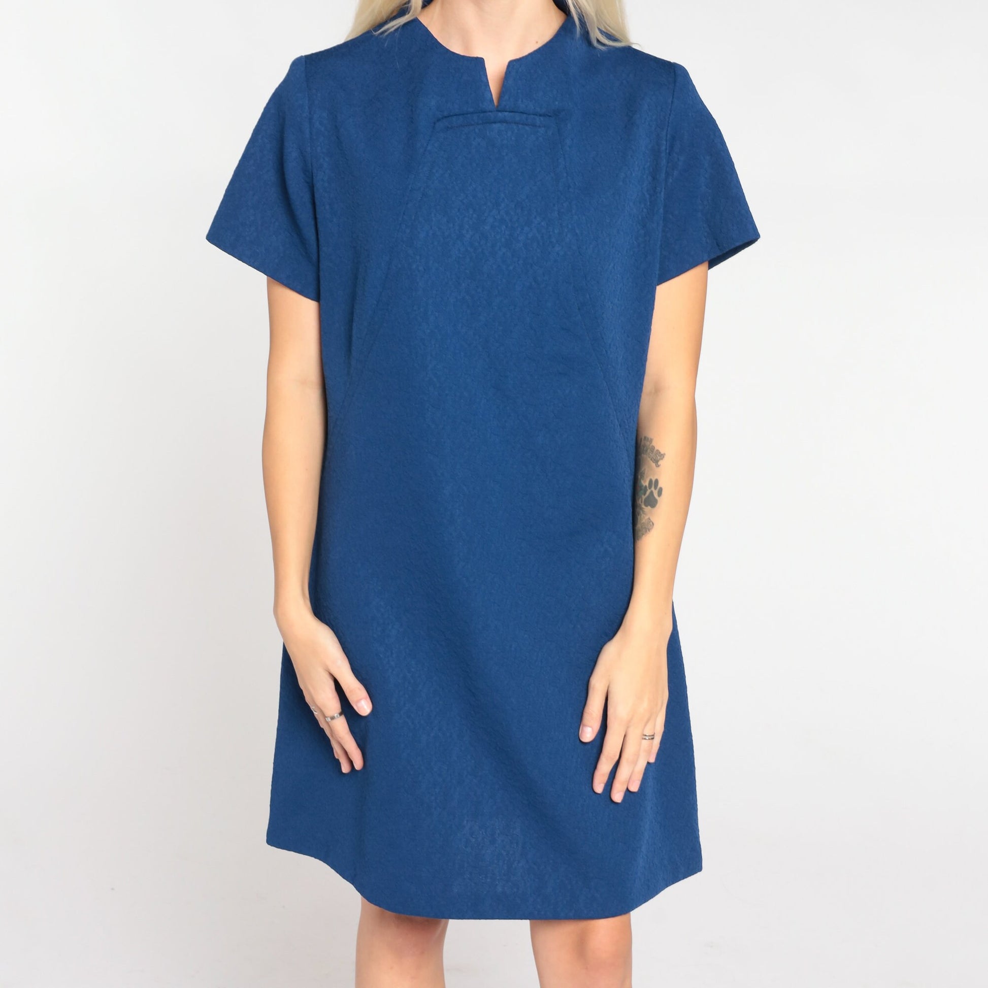 60s Navy Shift Dress Floral Embossed Mini Short Sleeve Large L