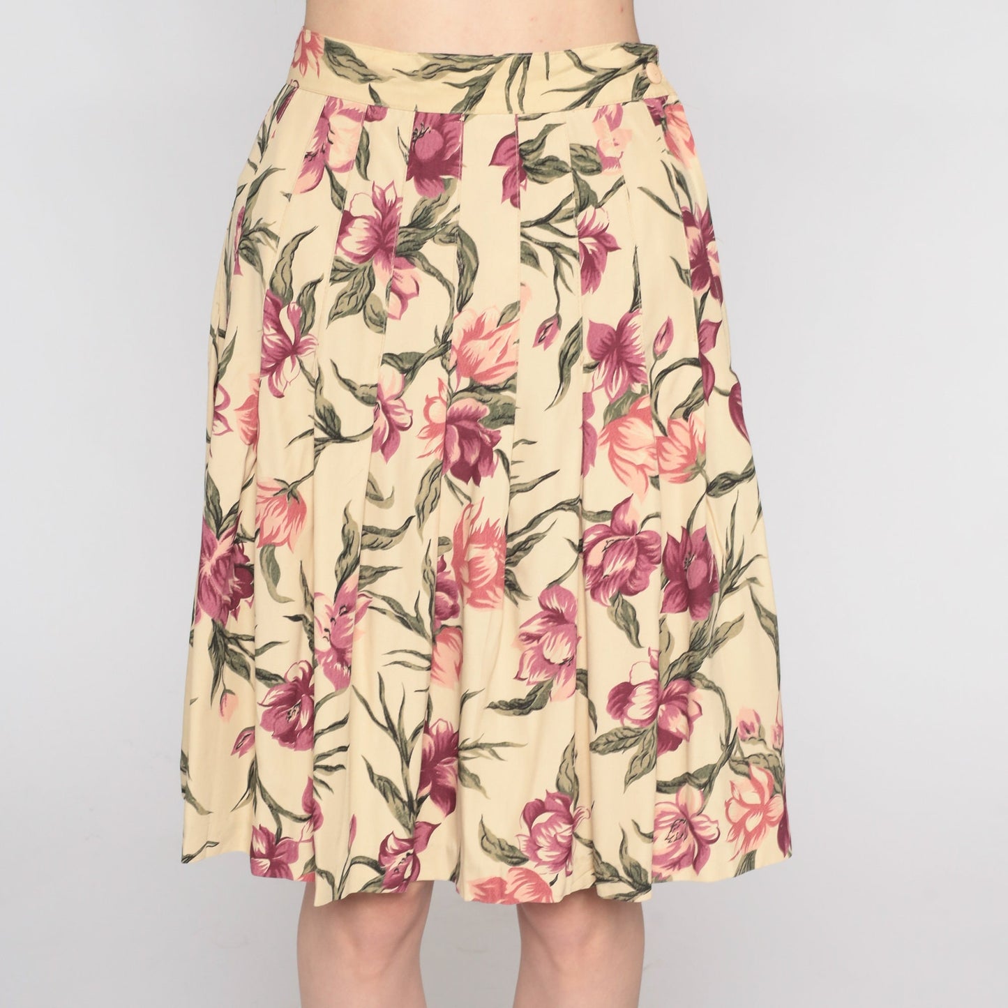 90s Floral Pleated Skirt High Waist Knee Length Yellow Pink Extra Small