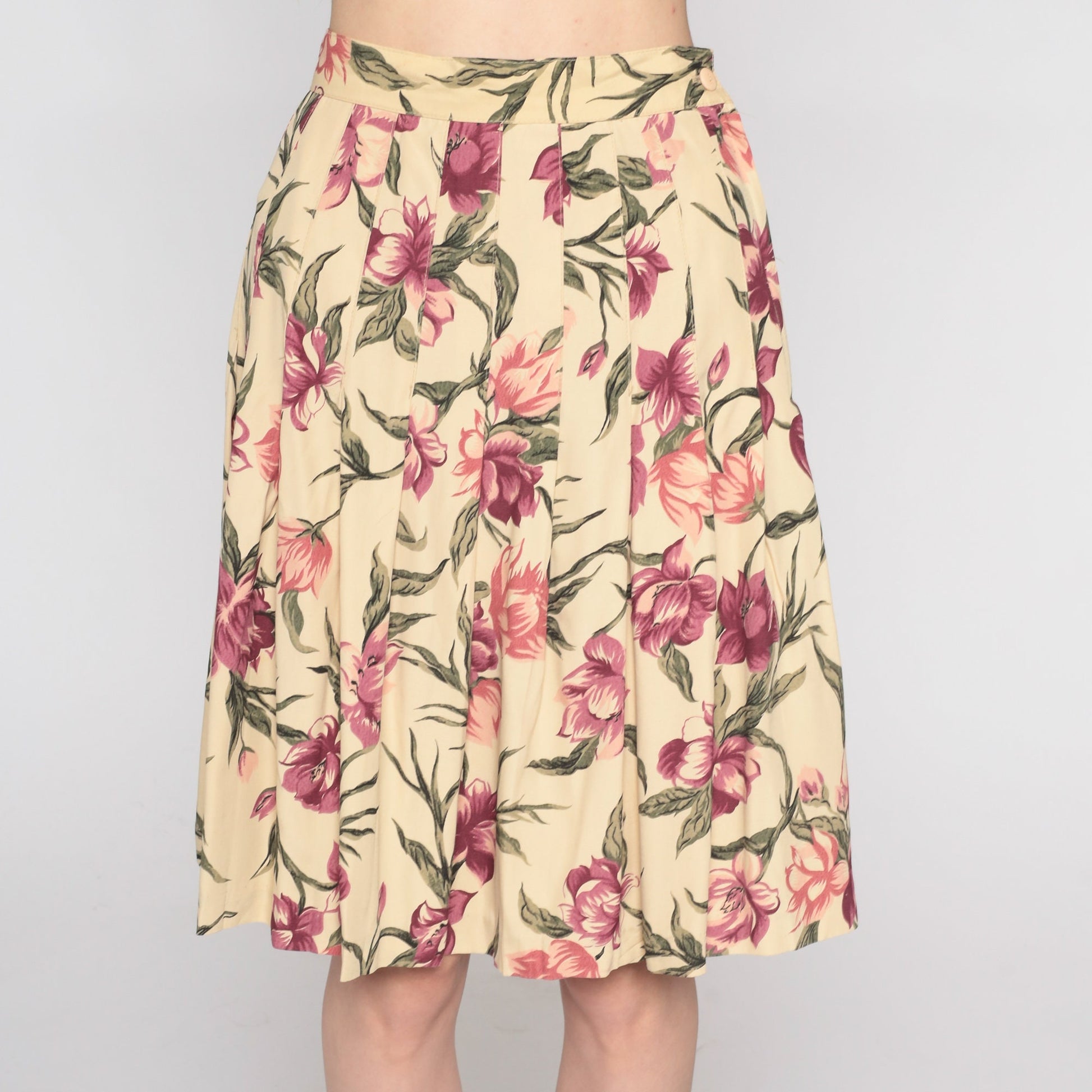 90s Floral Pleated Skirt High Waist Knee Length Yellow Pink Extra Small