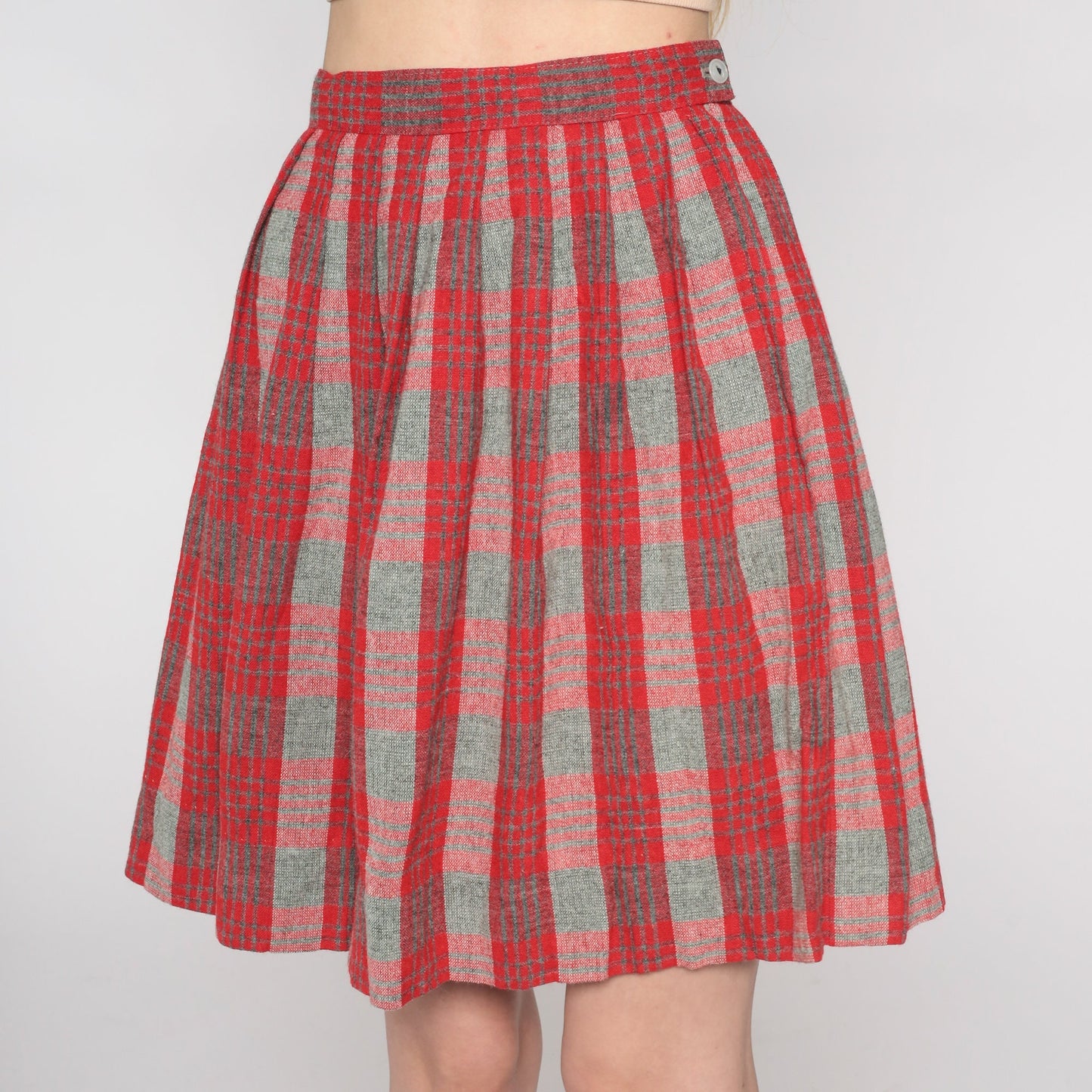 60s Red Grey Plaid Wool Mini Skirt High Waist Pleated XXS