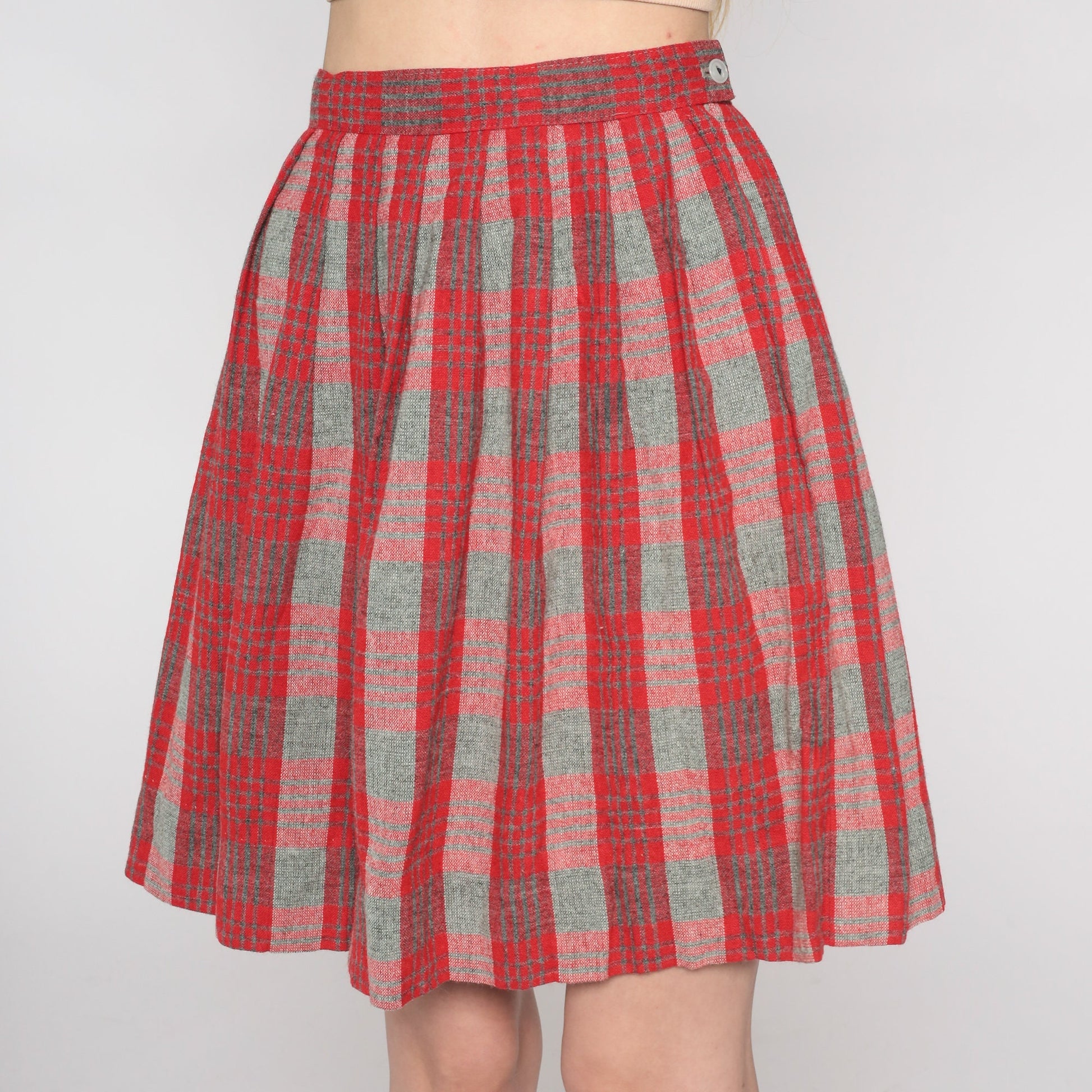 60s Red Grey Plaid Wool Mini Skirt High Waist Pleated XXS