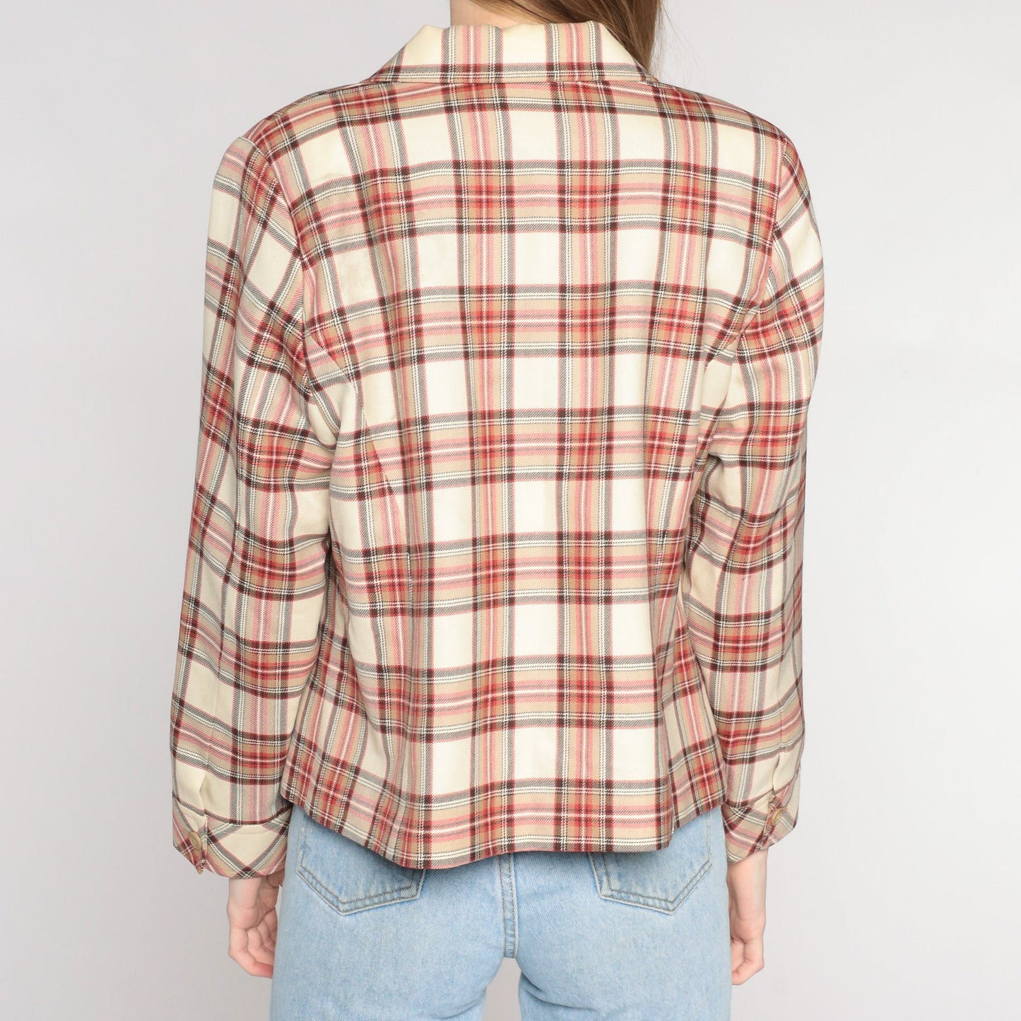 Pendleton Plaid Wool Zip Jacket Cream Red Checkered Collared Coat Large L