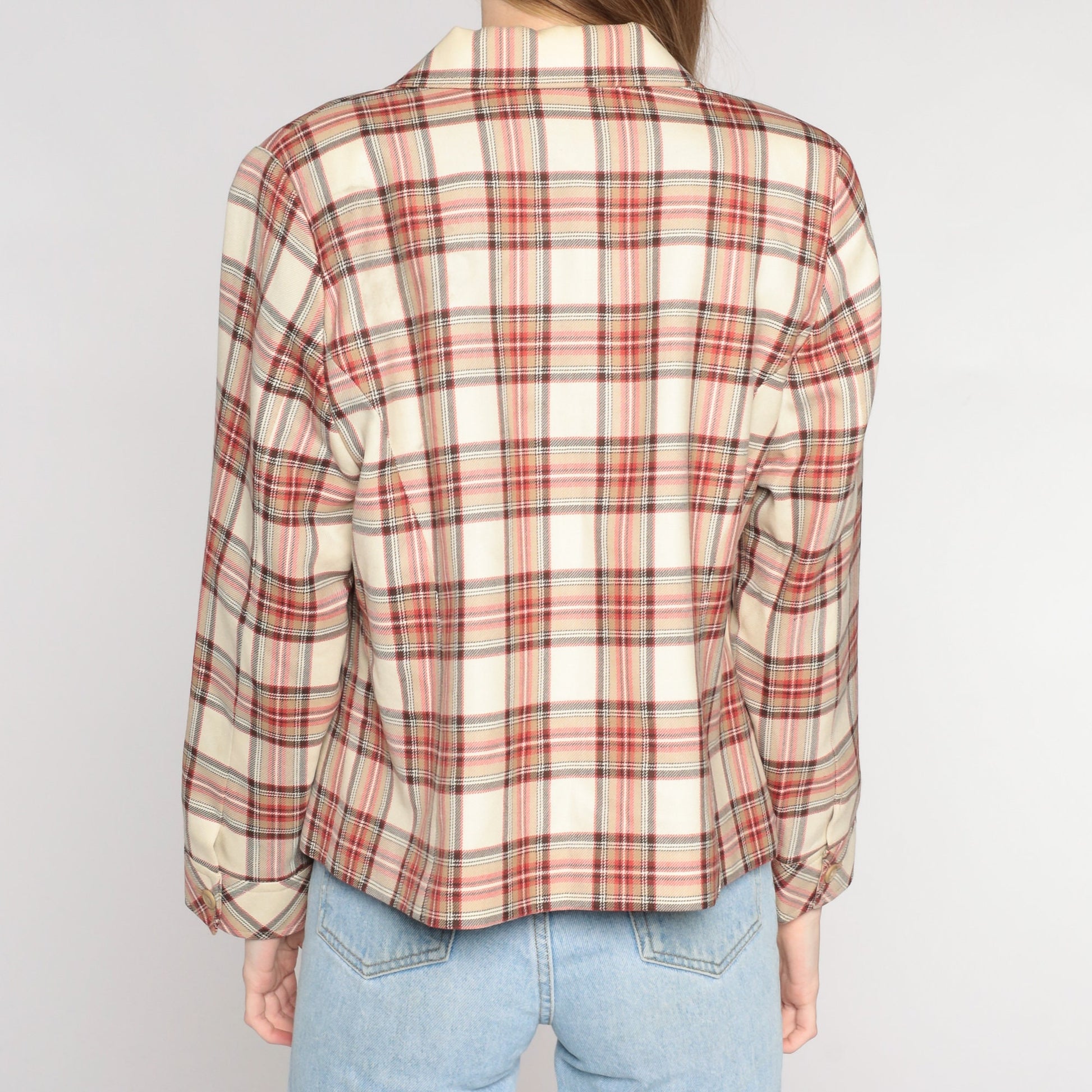 Pendleton Plaid Wool Zip Jacket Cream Red Checkered Collared Coat Large L