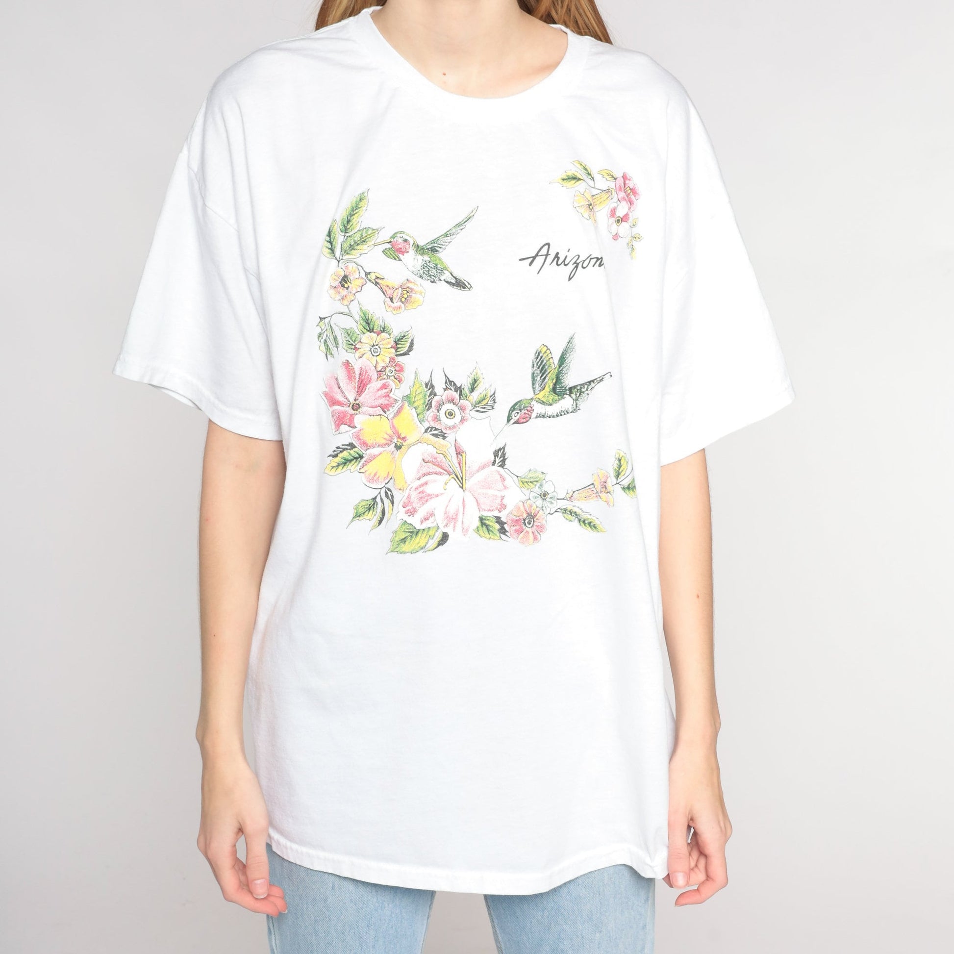 00s Arizona Hummingbird Floral Graphic T-Shirt White Cotton Blend Extra Large XL