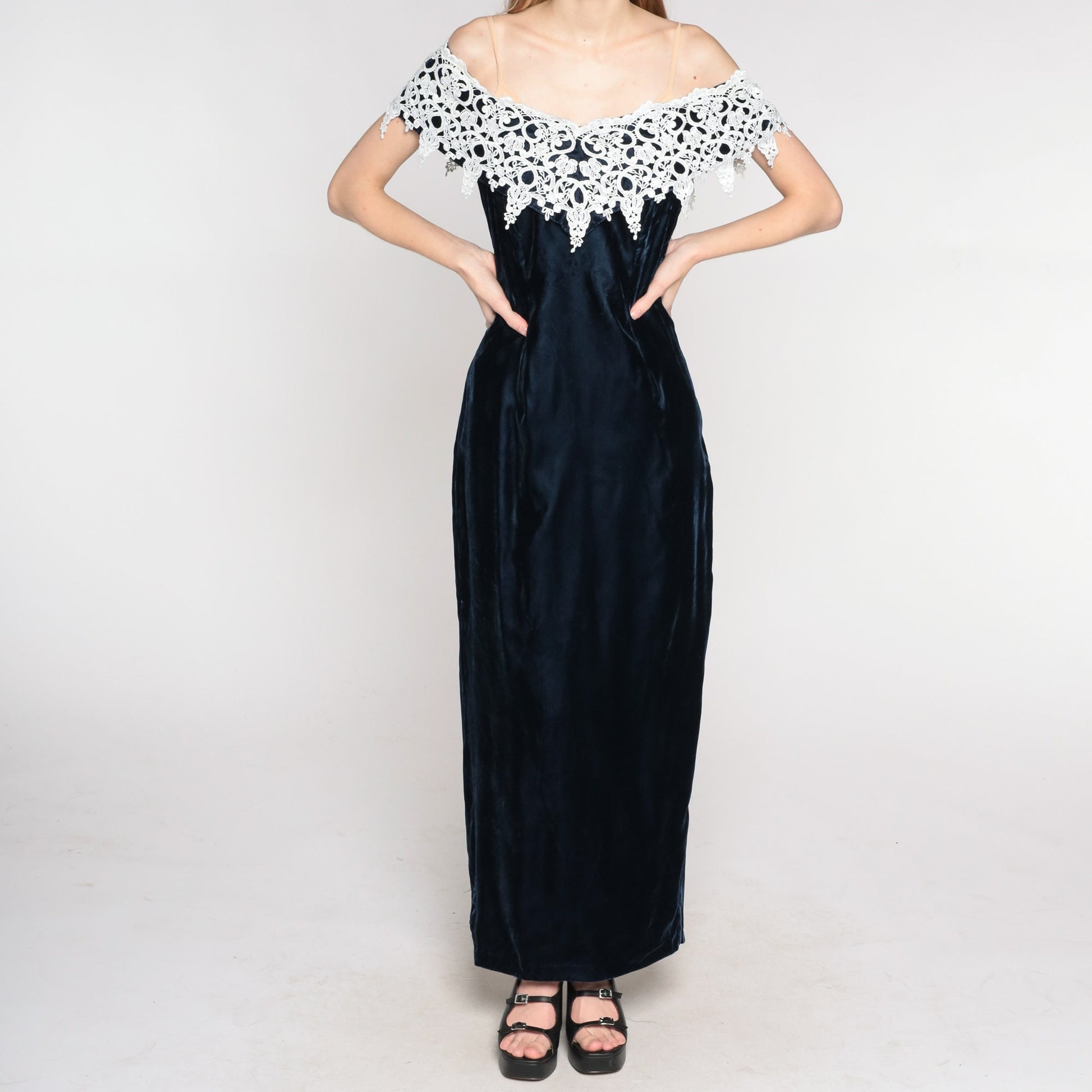 90s Navy Velvet Maxi Dress Off-Shoulder White Lace Trim Small