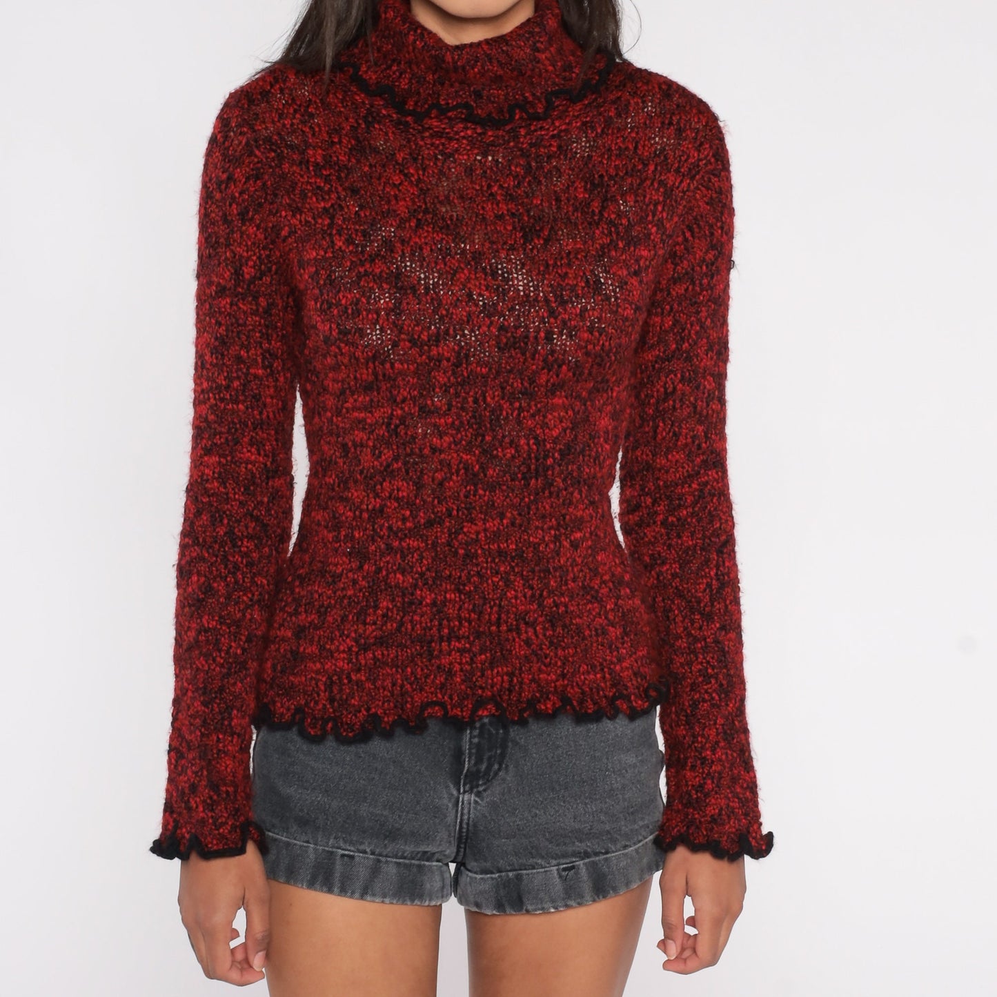 90s Red Black Flecked Turtleneck Sweater Lettuce Edge Knit Medium M