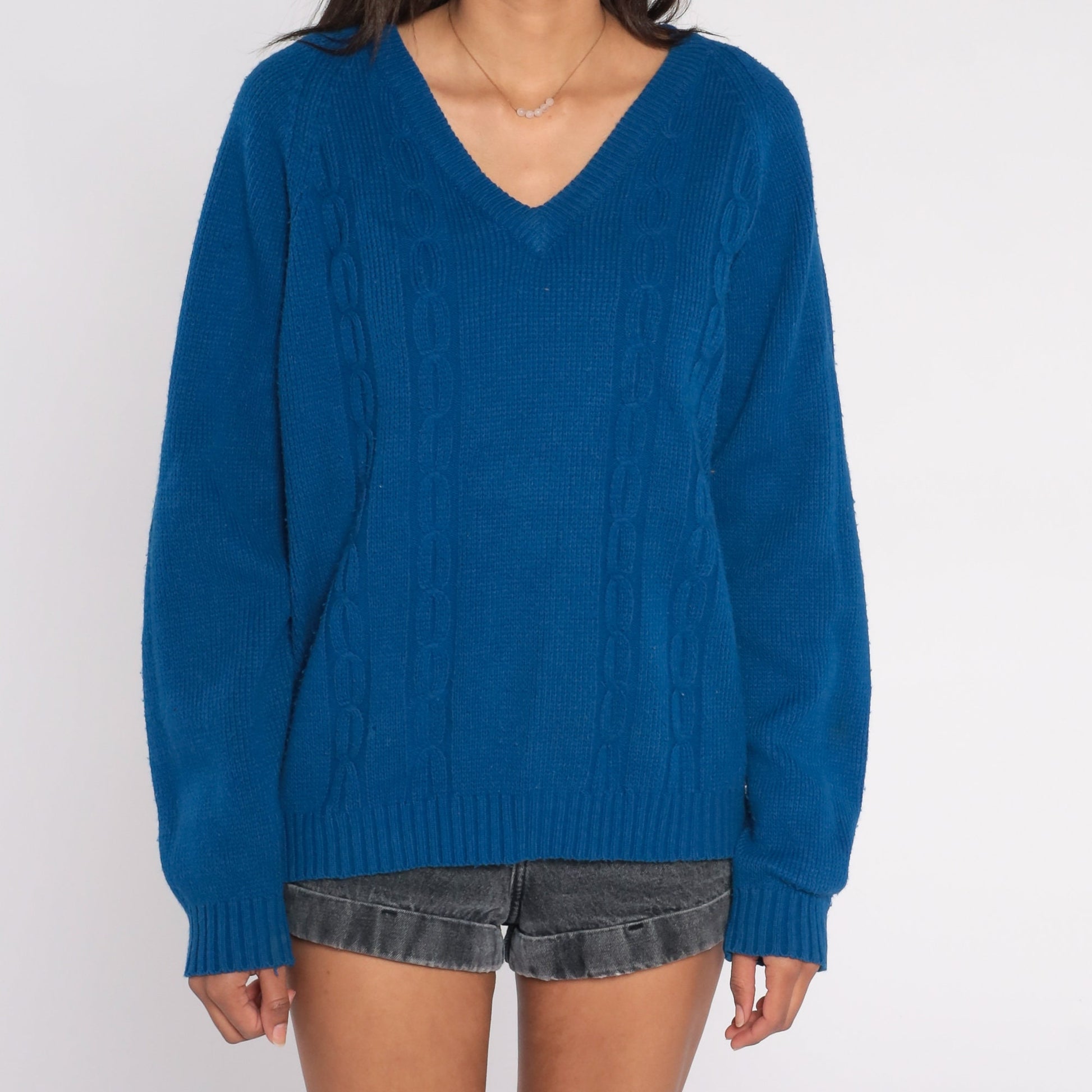 70s Blue Cable Knit V-Neck Sweater Pullover Extra Large XL