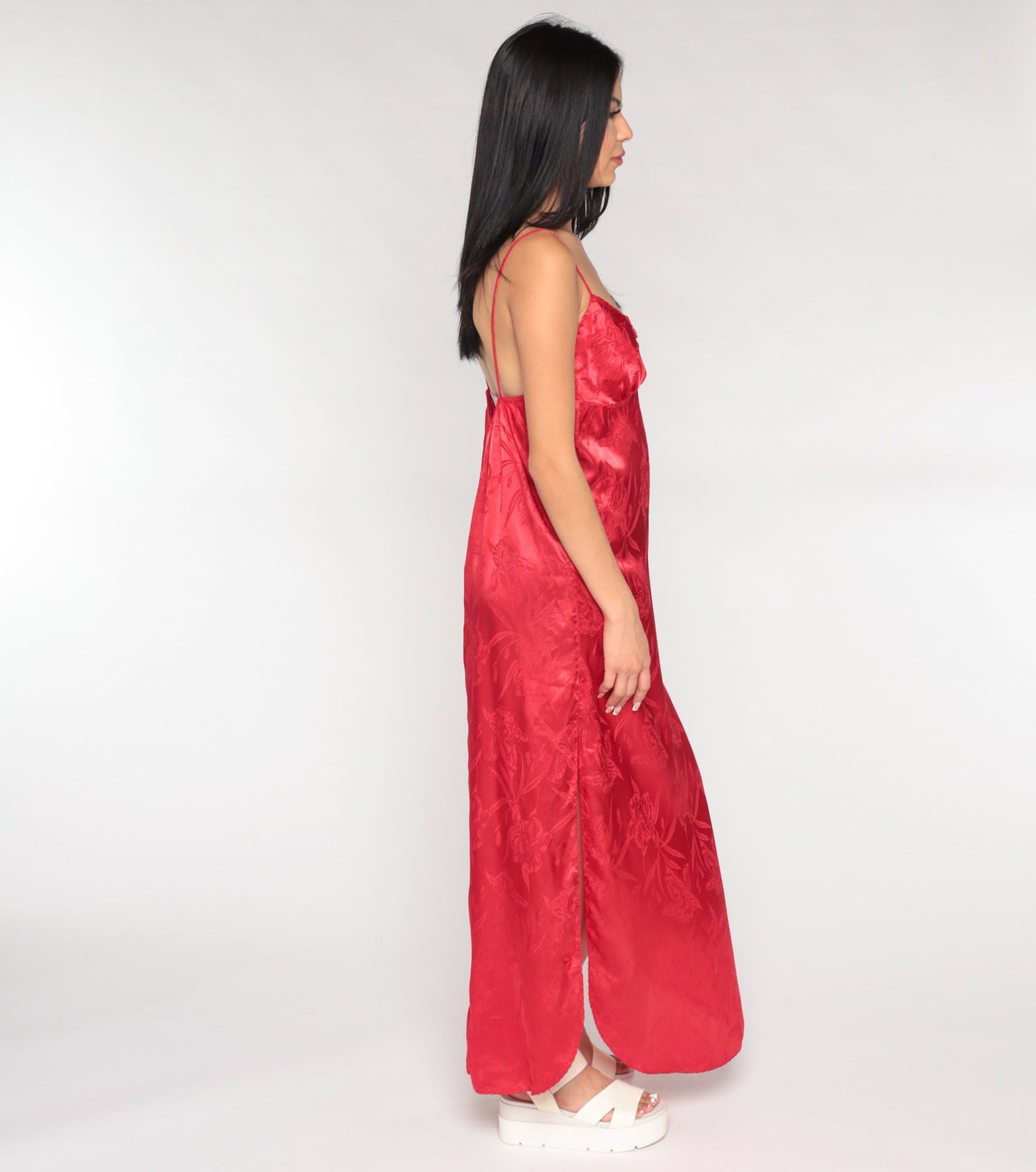 90s Red Satin Nightgown Maxi Slip Dress Embossed Floral Spaghetti Strap Medium