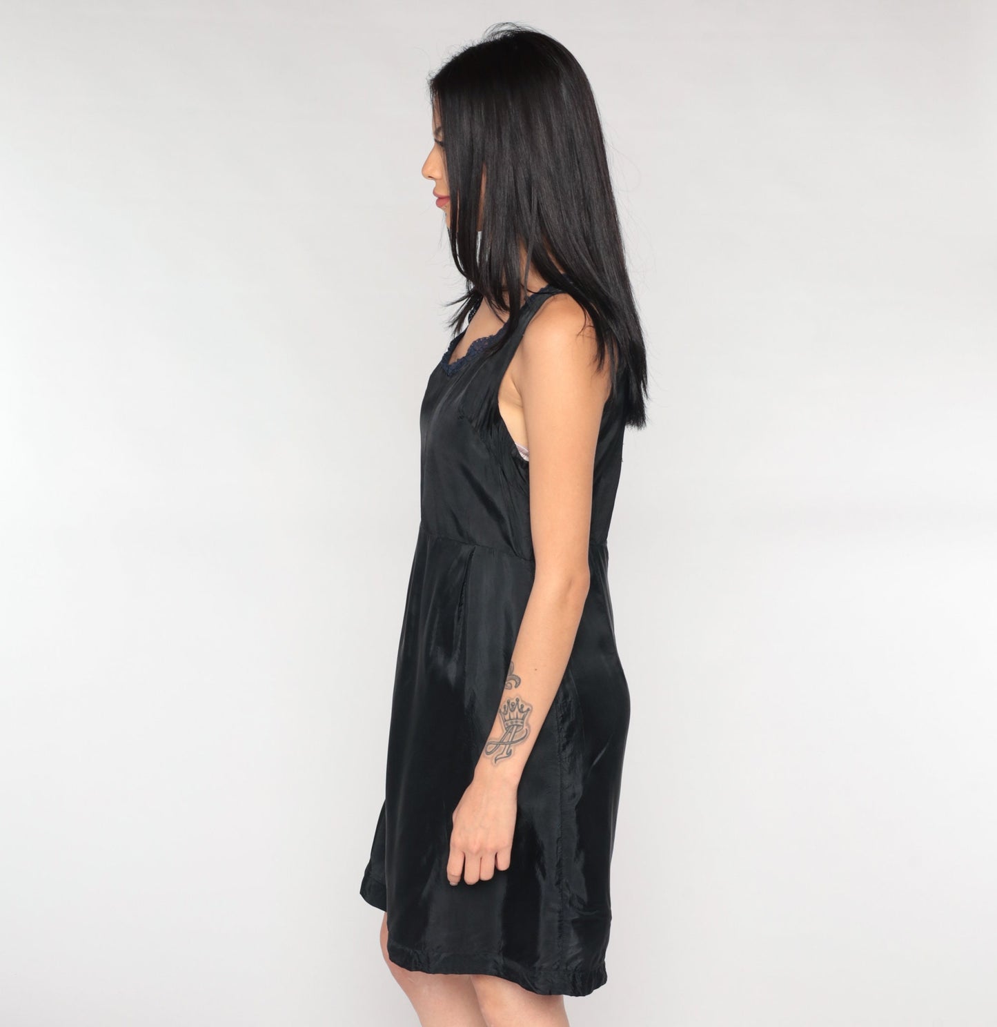 60s Black Slip Dress Blue Lace Trim Mini Nylon Nightgown Small S