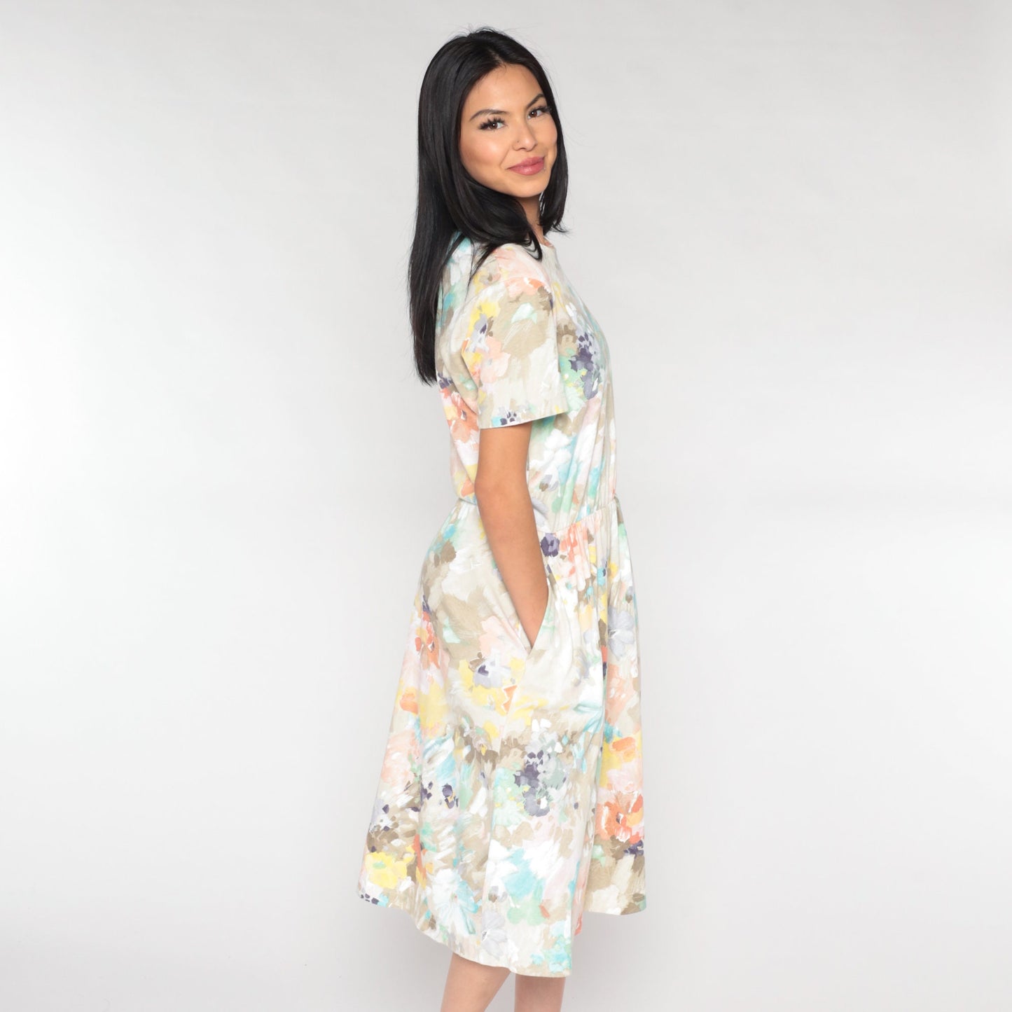 80s Watercolour Floral Midi Dress High Waist Short Sleeve Brown White Medium