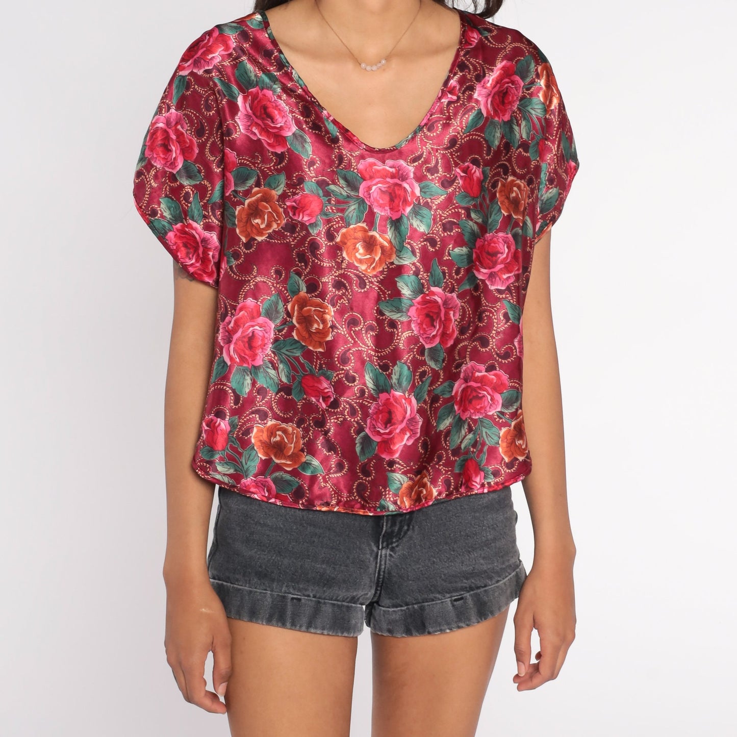 90s Red Floral Shiny Blouse Short Sleeve Scoop Neck Small