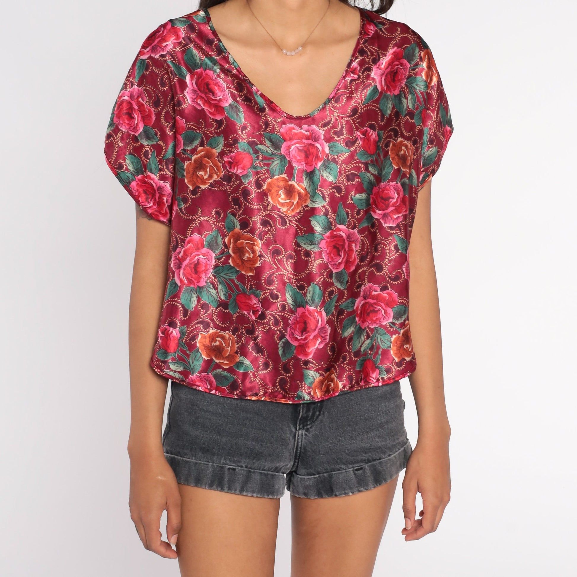 90s Red Floral Shiny Blouse Short Sleeve Scoop Neck Small