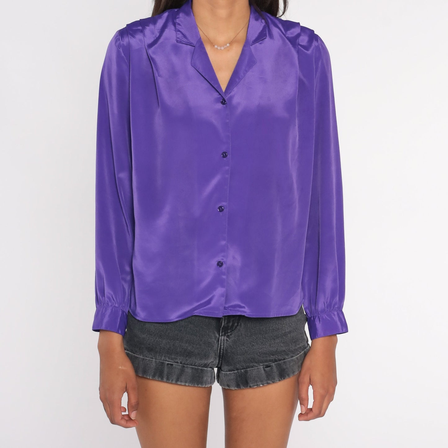 90s Purple Pleated Collar Blouse Long Sleeve Button Up Medium Petite