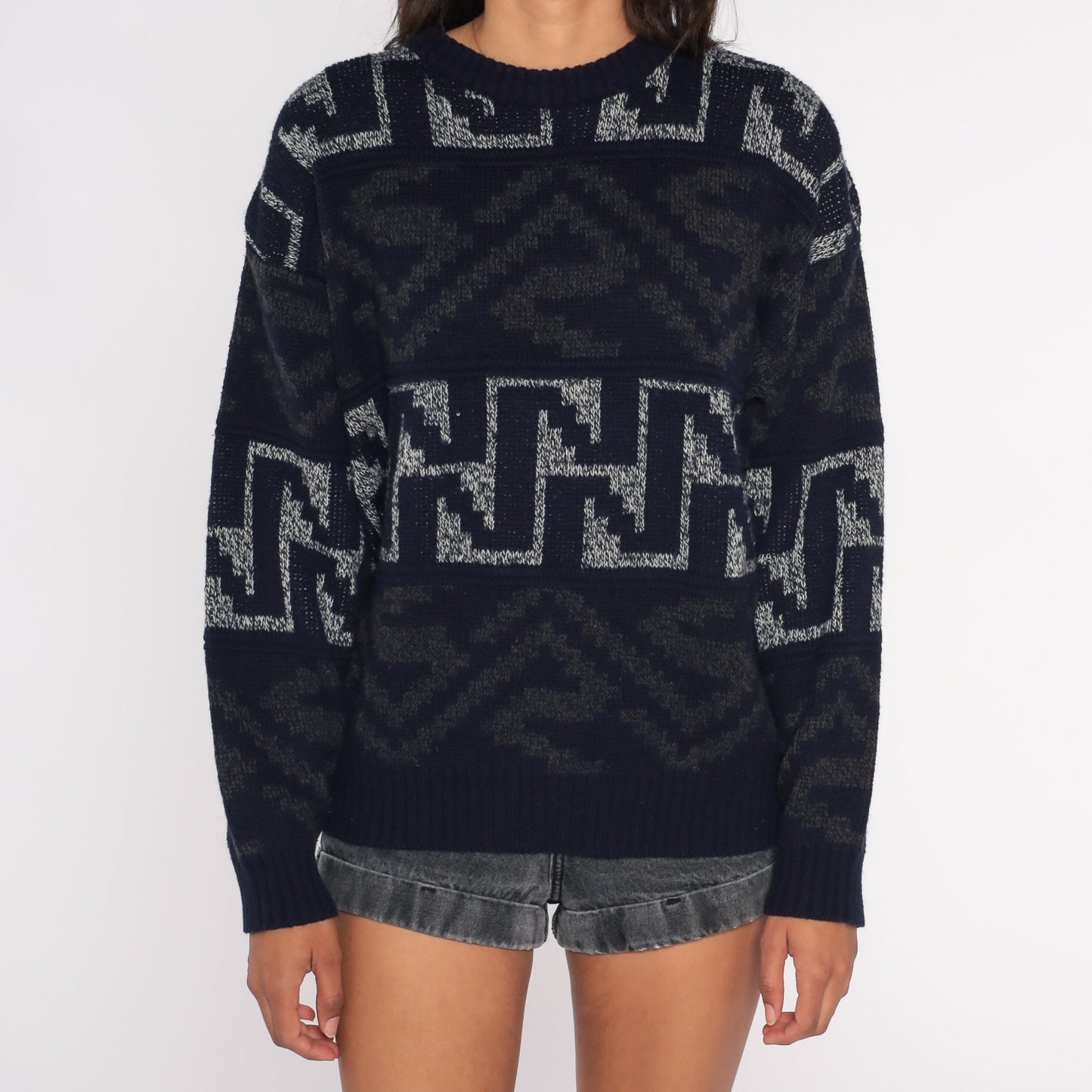 90s Geometric Navy Knit Pullover Sweater Large