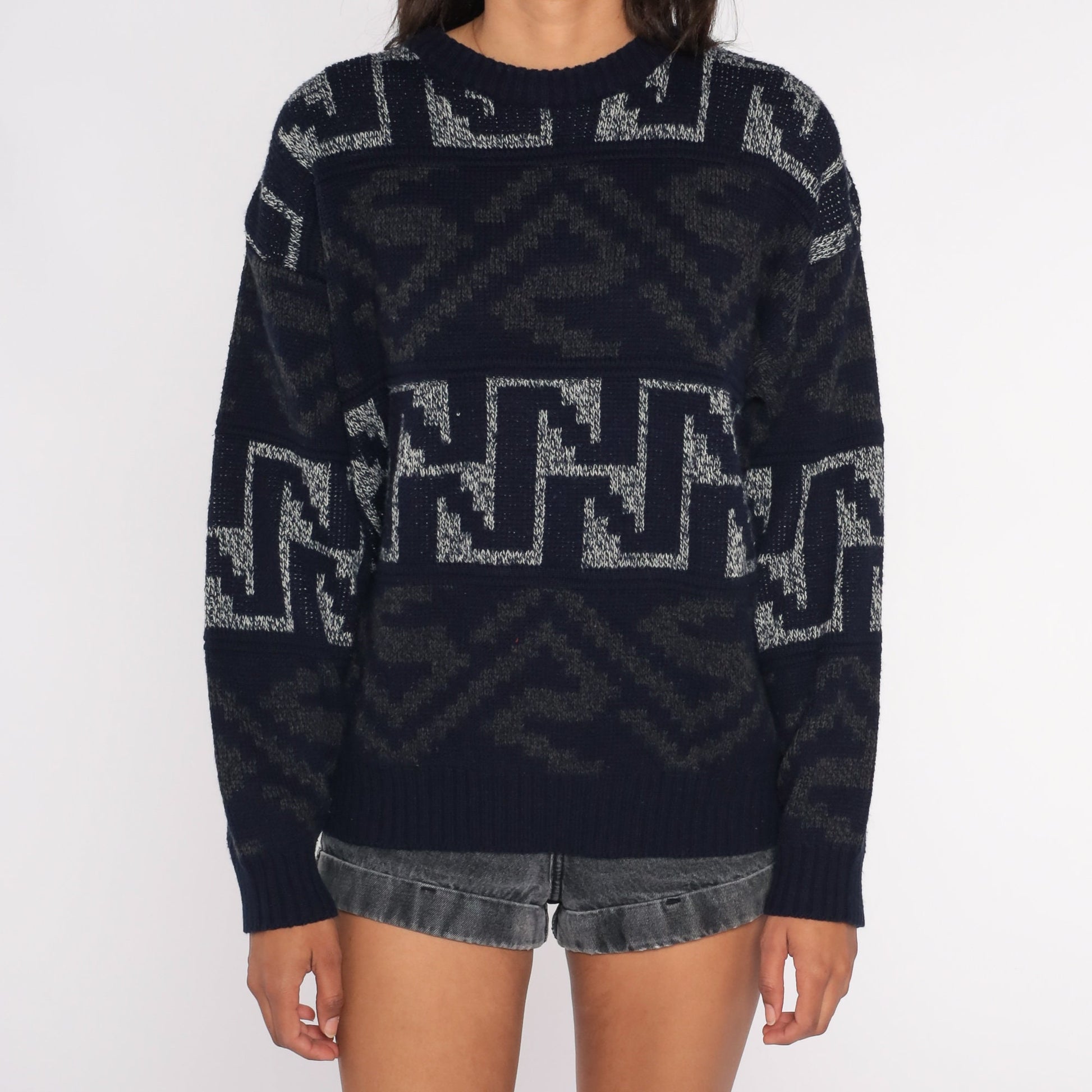 90s Geometric Navy Knit Pullover Sweater Large