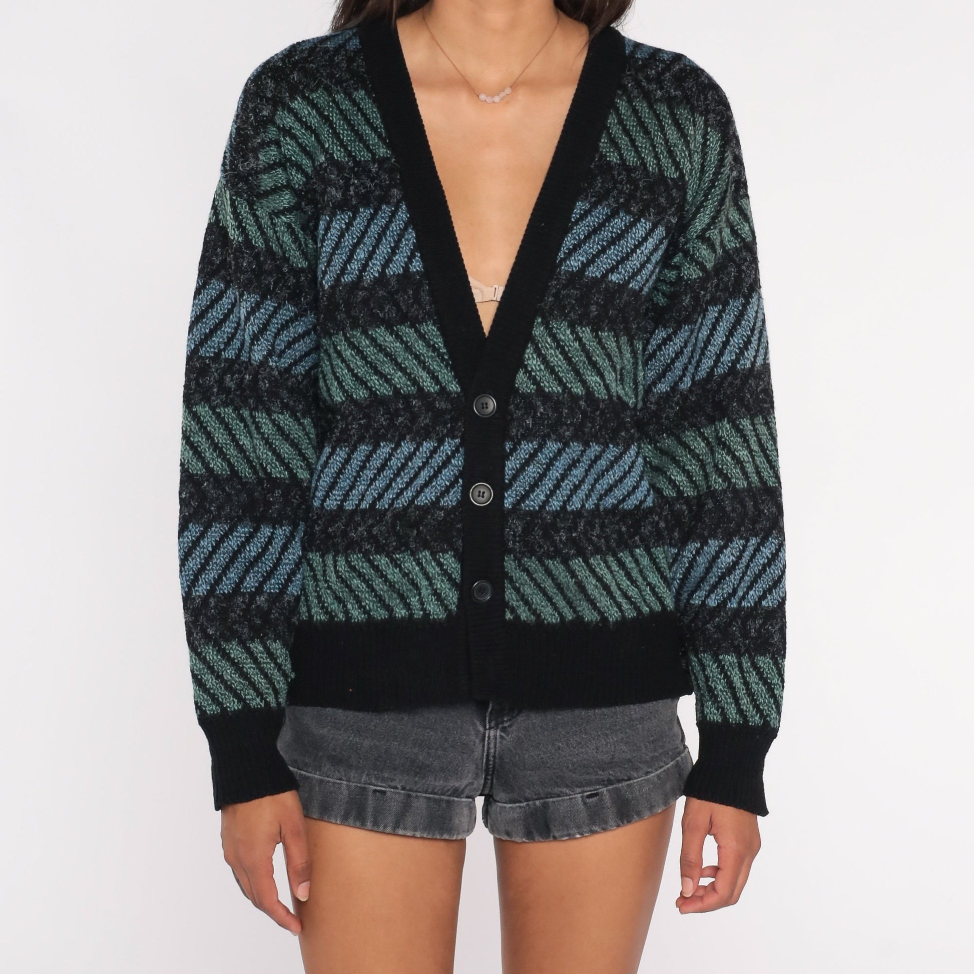 90s Striped Cardigan Wool Blend Knit Sweater Black Blue Green Medium M