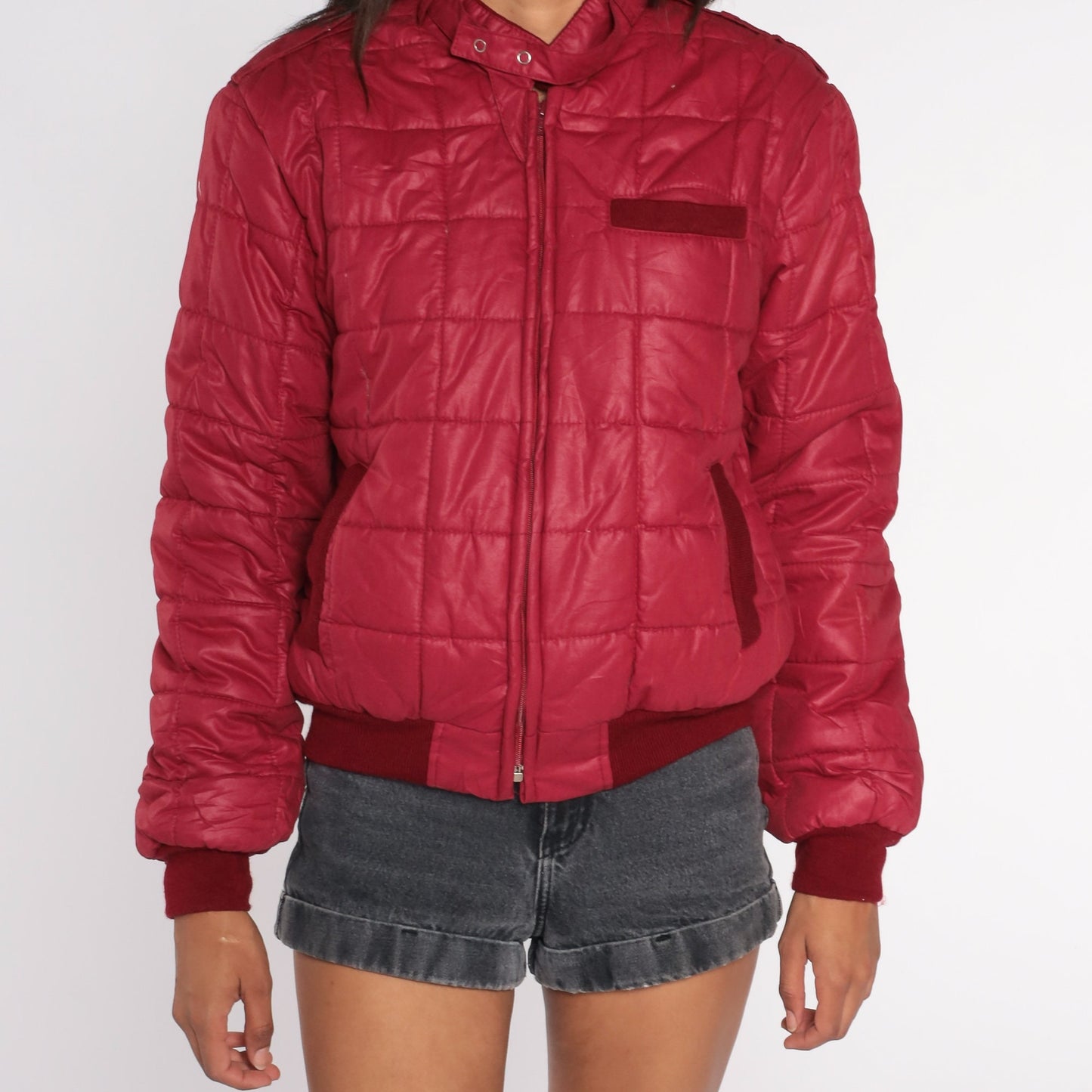 80s Burgundy Quilted Puffer Ski Jacket Zip Up Insulated Small