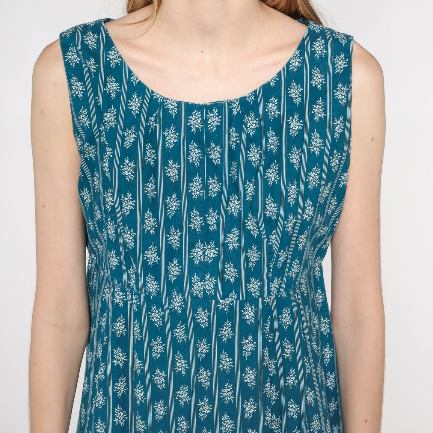 1960s Blue Floral Striped Midi Dress Empire Waist Sleeveless Shift Medium
