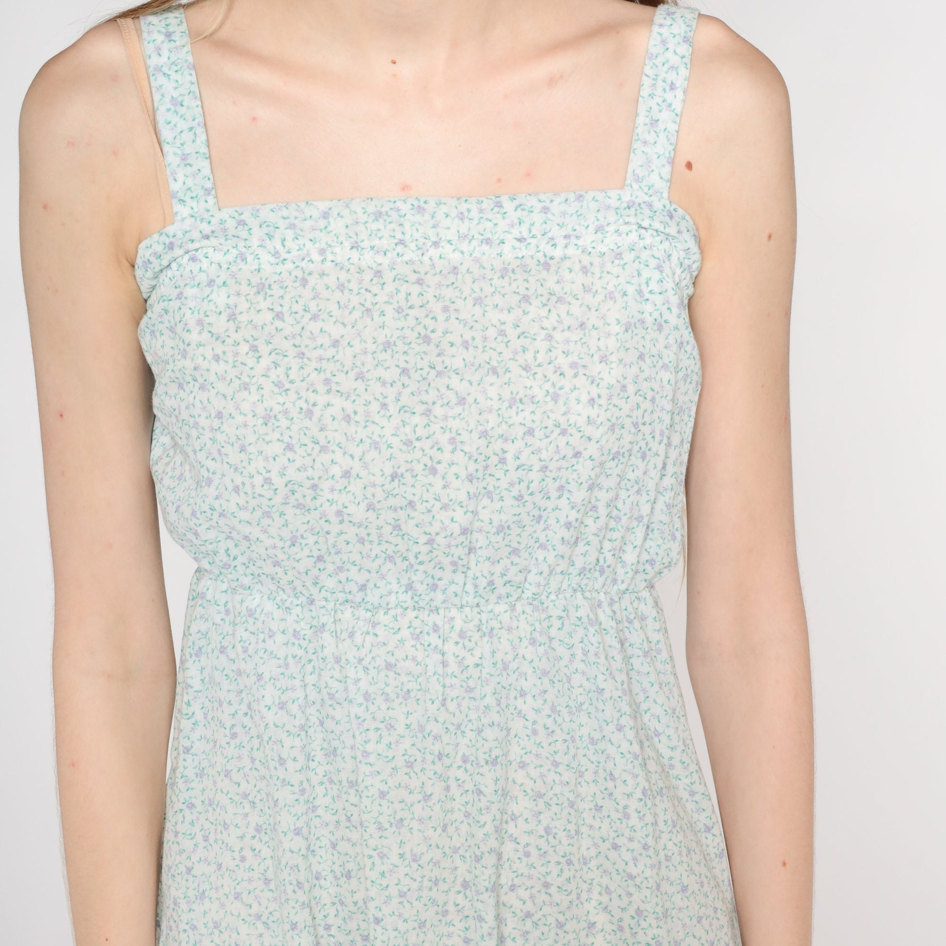 70s Calico Floral Mini Dress Purple Green Empire Waist Sleeveless Extra Small