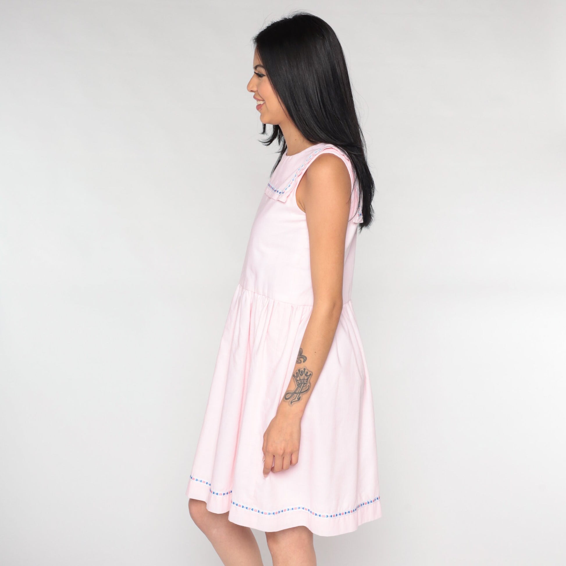 60s Sailor Collar Mini Dress Baby Pink High Waist Cotton Blend Extra Small