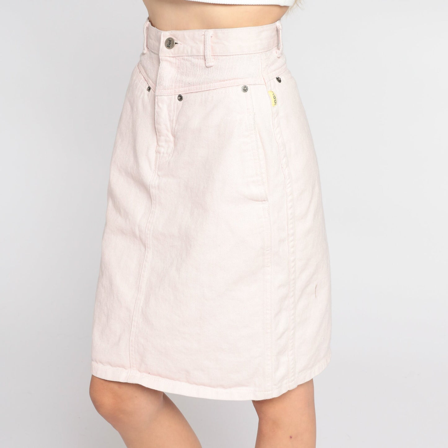 90s Jag Pale Pink Denim Mini Skirt High Waist Pencil Cut Extra Small