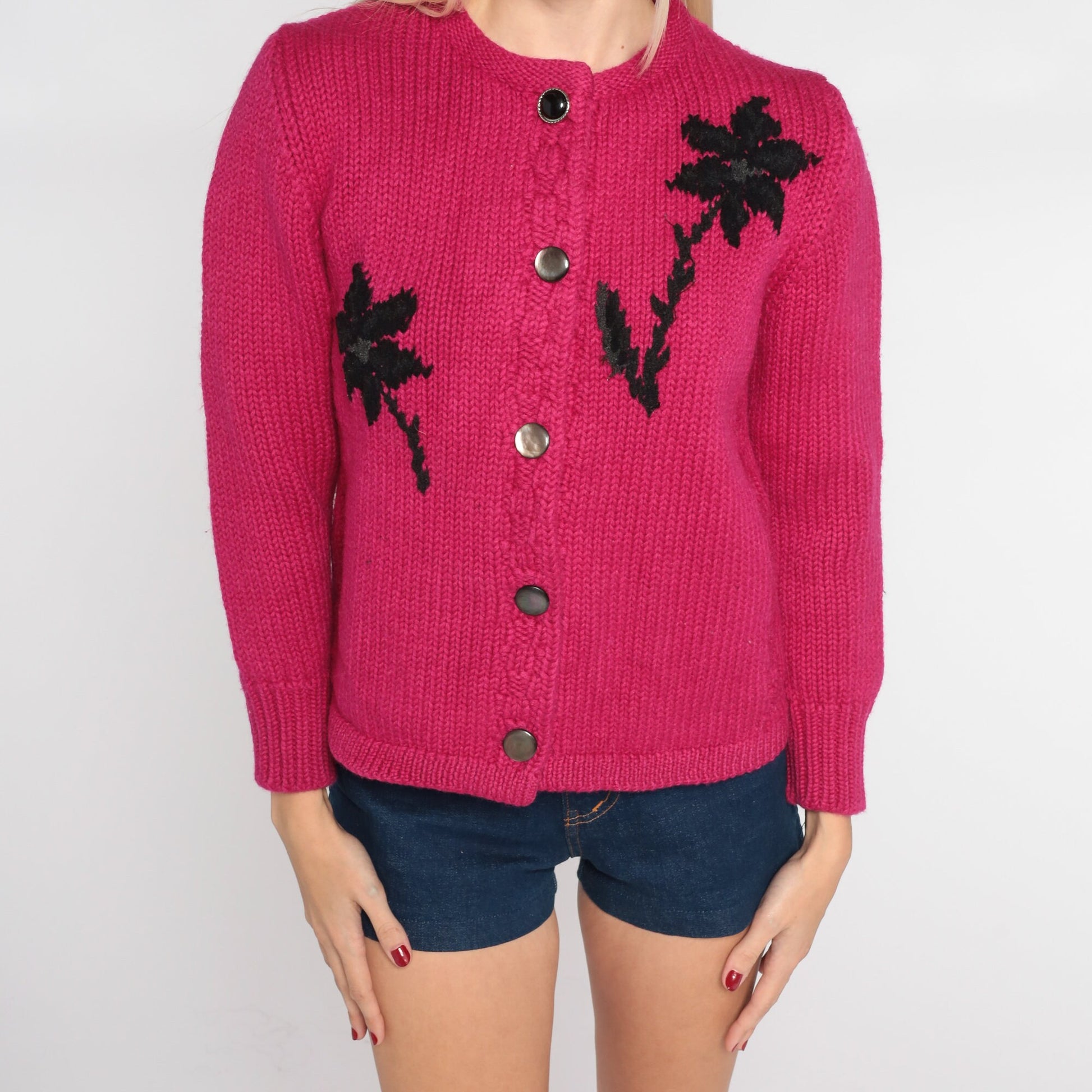 60s Floral Wool Cardigan Magenta Black Flower Print Button-Up Knit Extra Small
