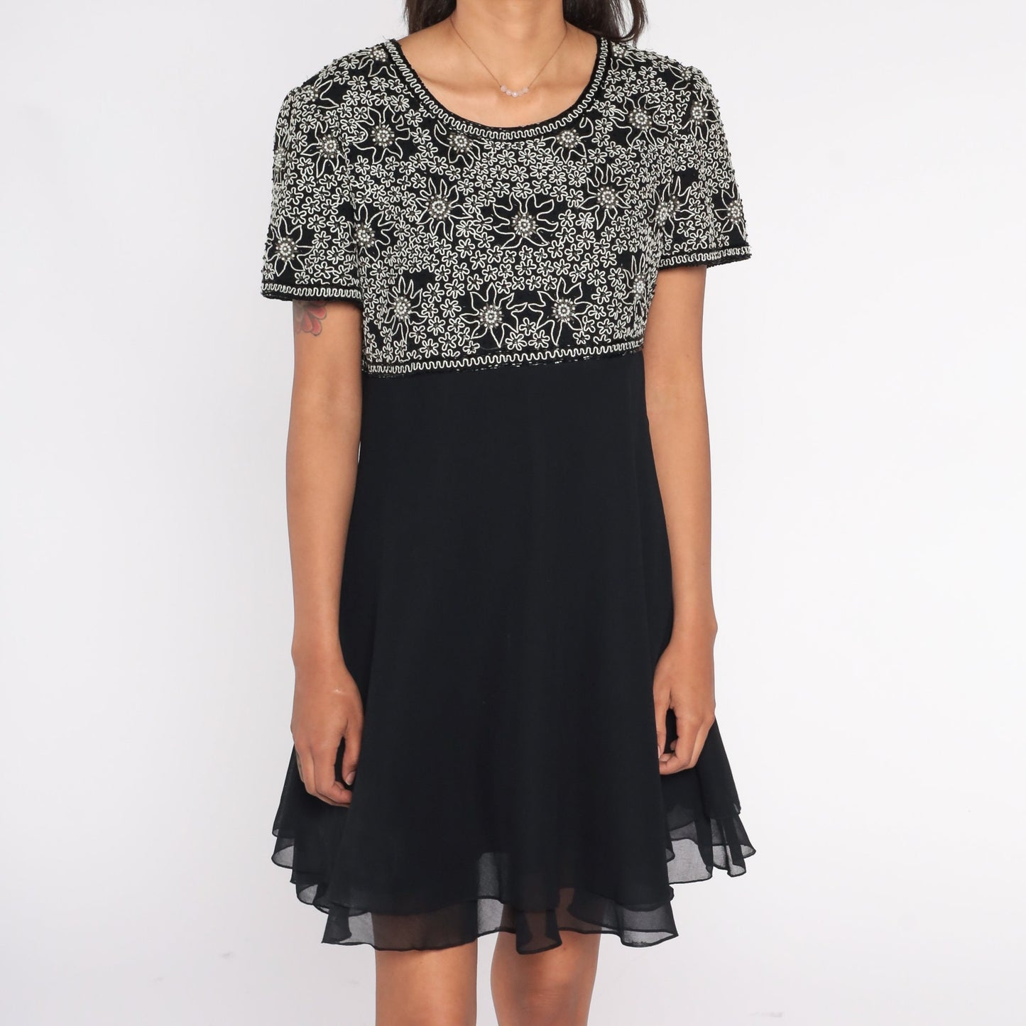 Y2K Black Floral Beaded Empire Waist Mini Dress Chiffon Short Sleeve Large L